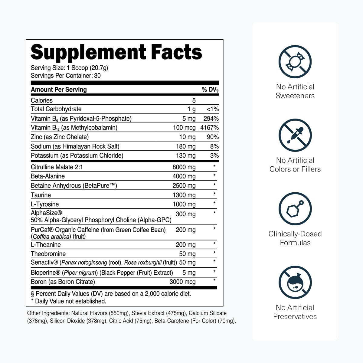 Etiqueta clara de Transparent Labs Bulk Pre-Entrenamiento para elegir ingredientes