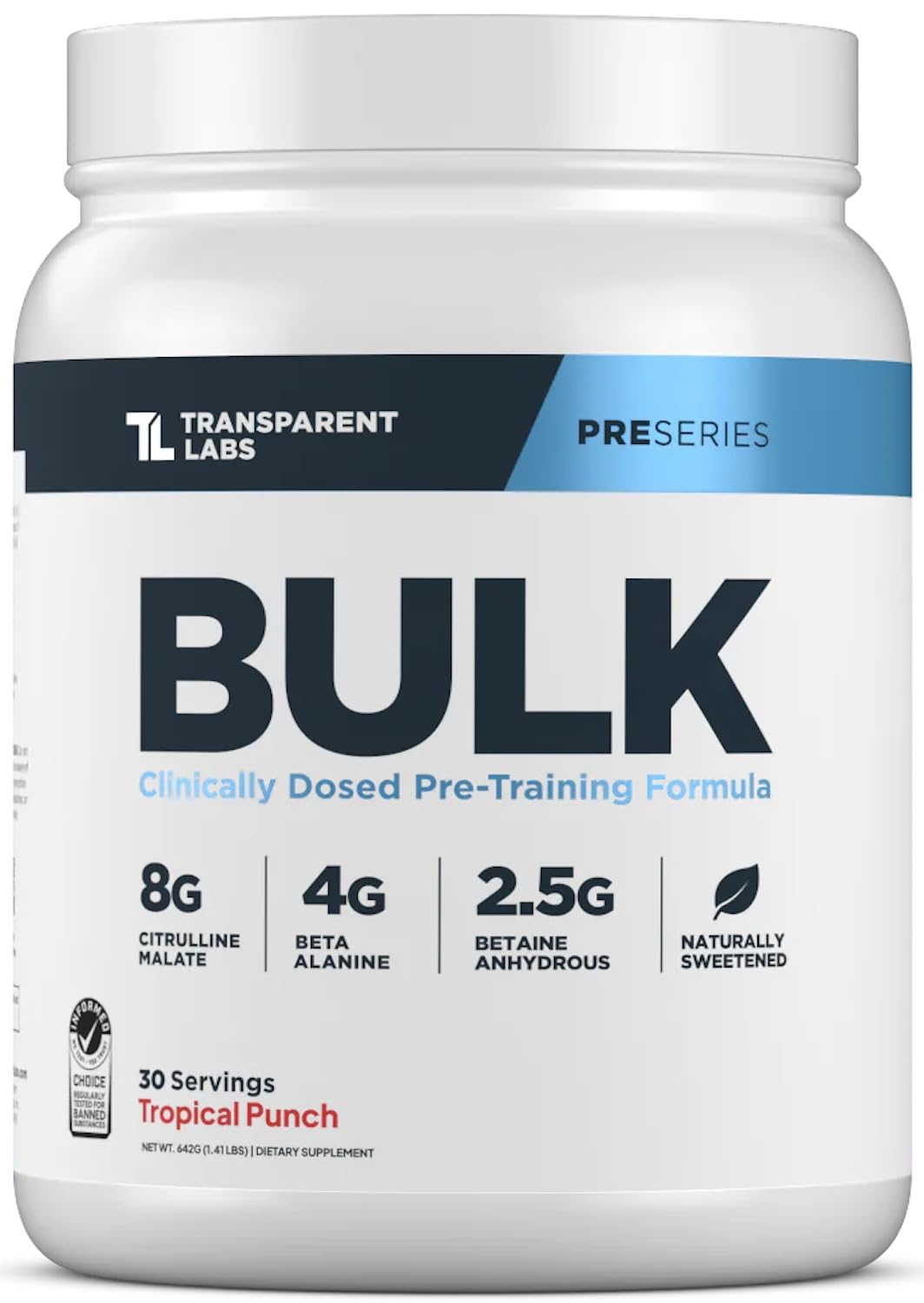 Polvo Bulk Pre-entrenamiento de Transparent Labs, sabor Tropical Punch, envase visible