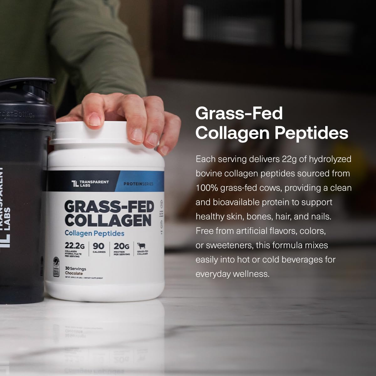 Transparent Labs Collagen Peptides cucharita medidora facilita porción de 22 g