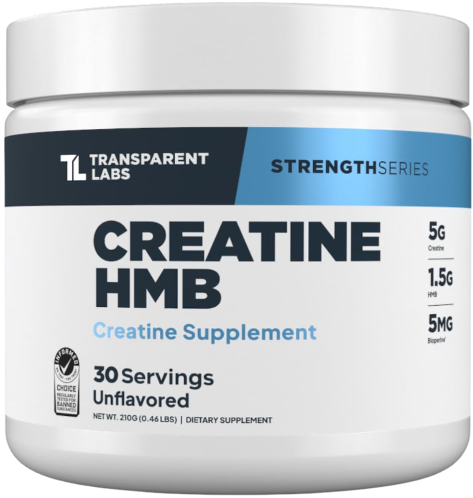 Polvo sin sabor de Transparent Labs Creatine HMB, fácil de mezclar en agua para entrenamientos.
