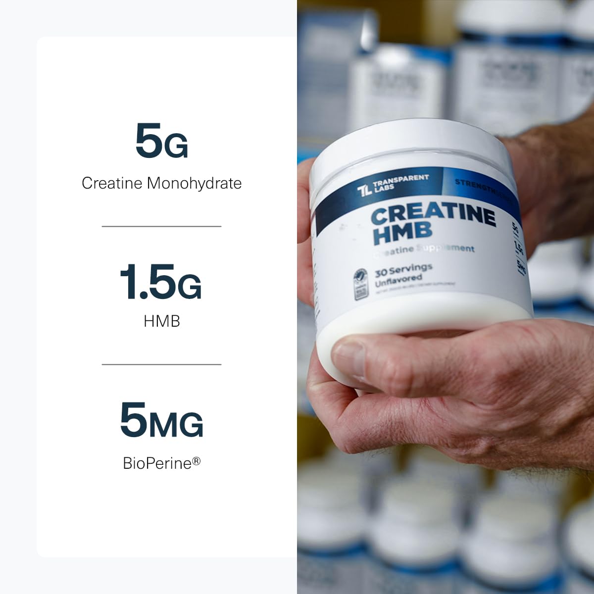 Transparent Labs Creatine HMB, porciones visibles, entrenamiento constante y coherente.