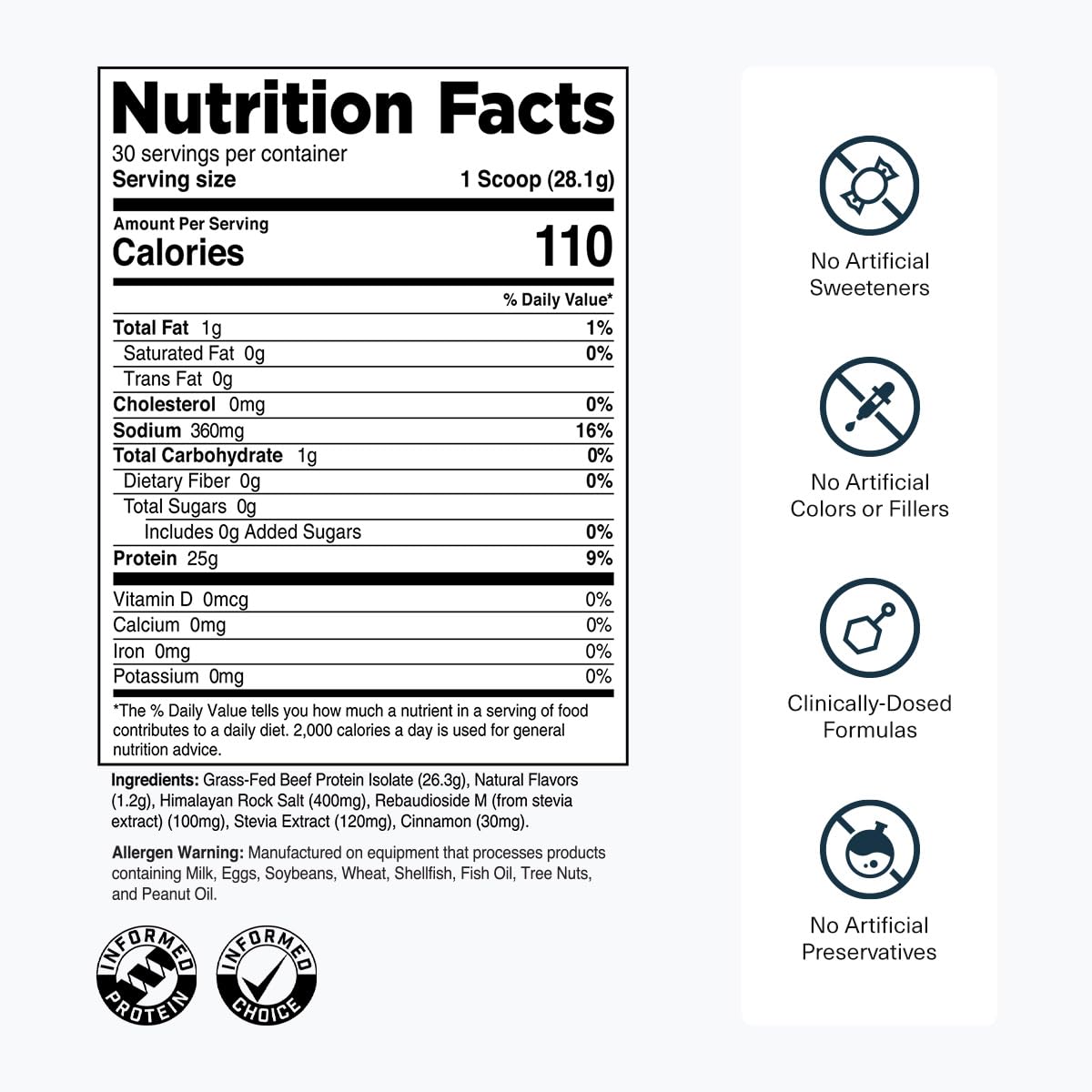Cucharada medidora de Transparent Labs muestra 25 g de proteína de res.