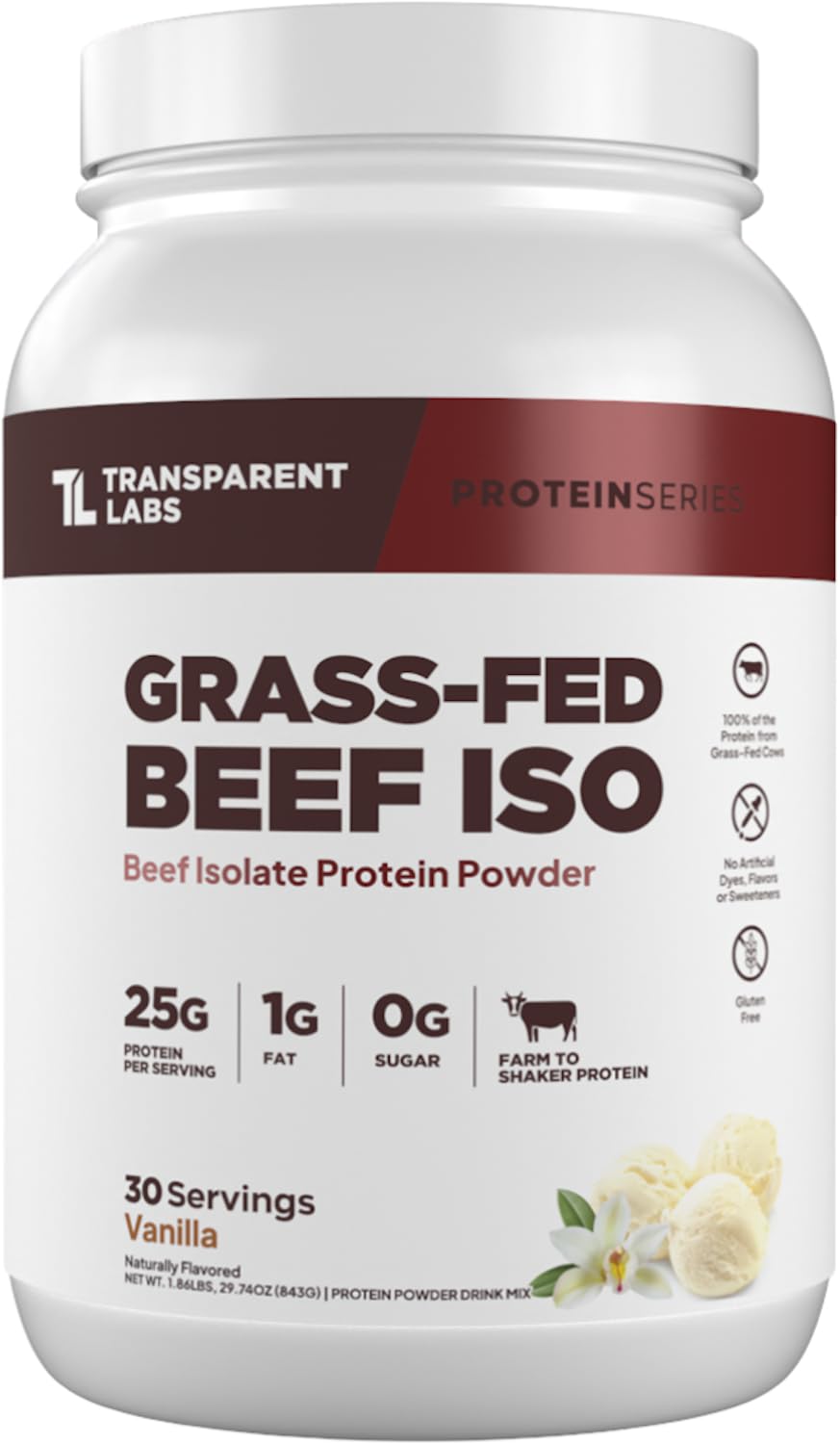 Transparent Labs proteina aislada de res en envase, opción sin lactosa para cada dosis.