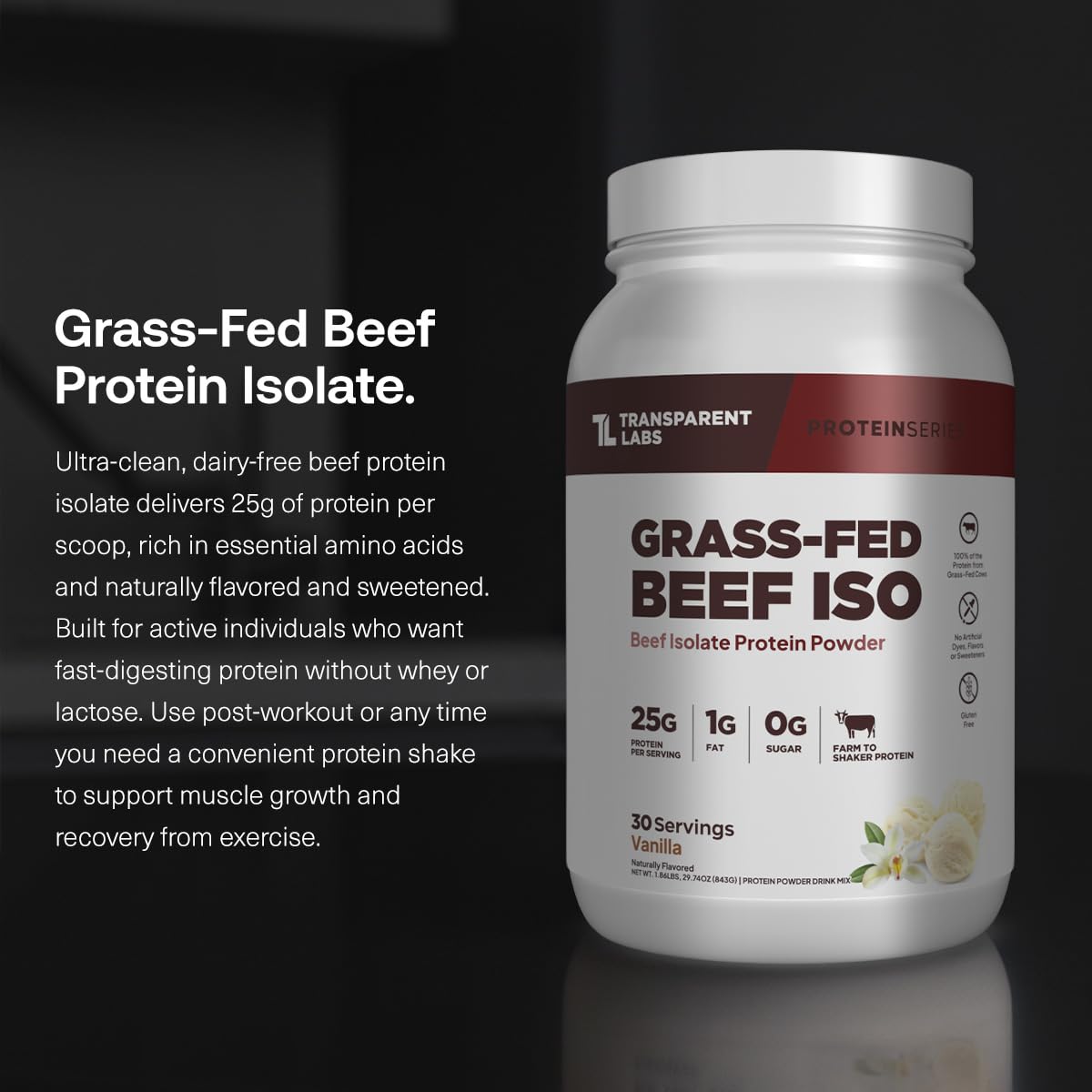Proteína aislada de res de Transparent Labs con vainilla, porción lista para mezclar.