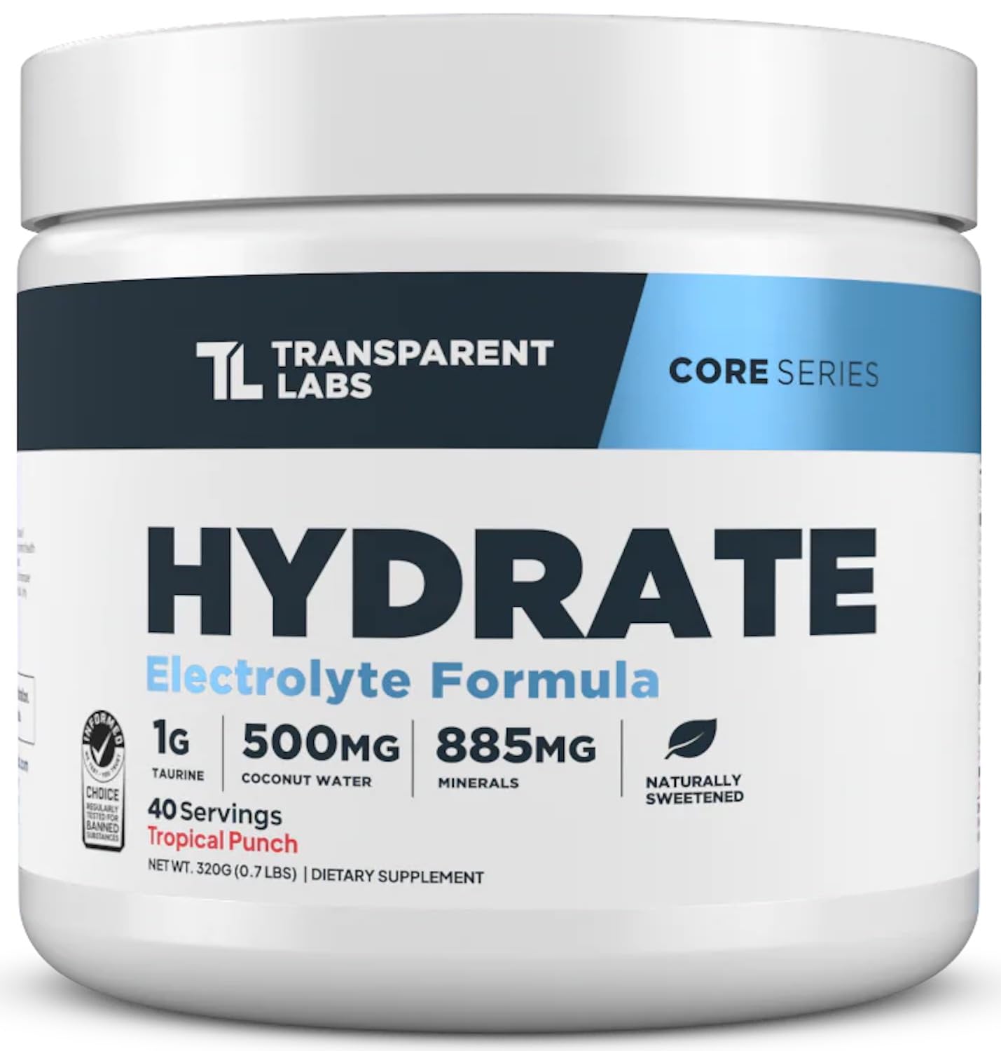 Polvo de electrolitos Transparent Labs Hydrate en bote para hidratación rápida