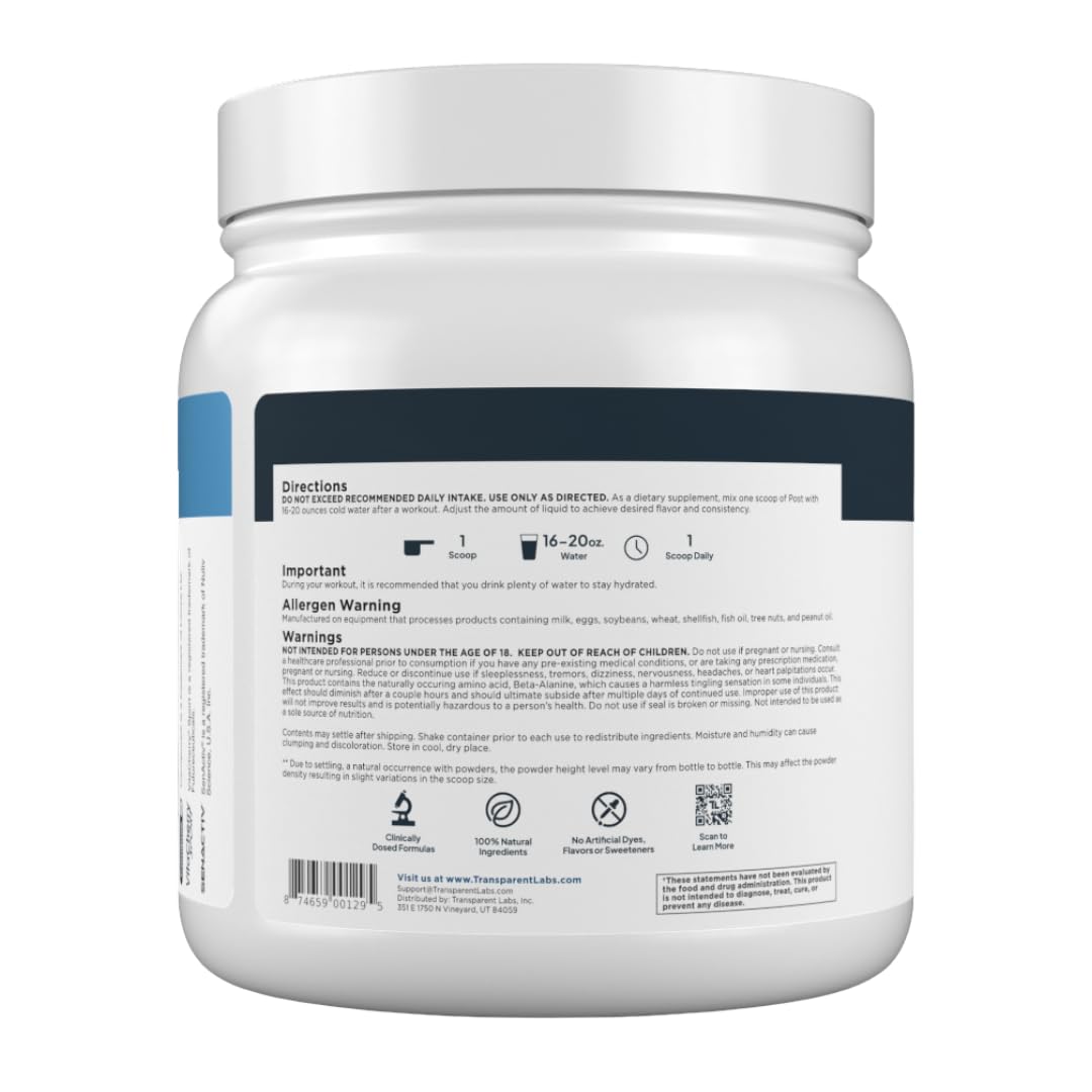 Transparent Labs Post se recomienda tras el entrenamiento para rendimiento continuo.