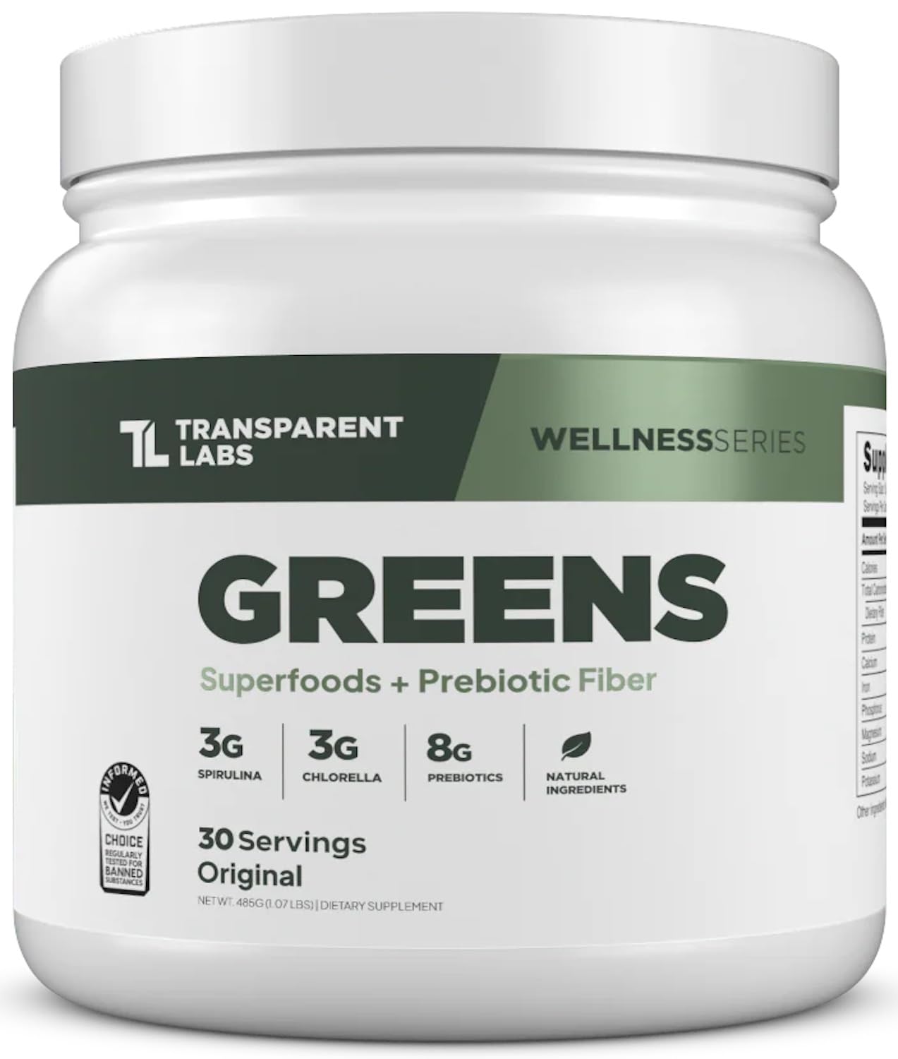 Transparent Labs Prebiotic Greens en pote listo para mezclar