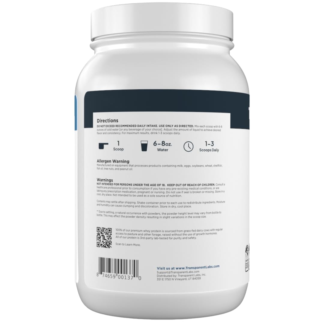 Proteína de suero de alto valor biológico de Transparent Labs para recuperación rápida.