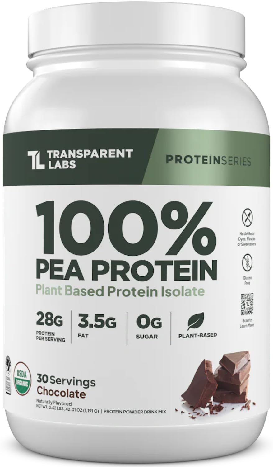 Transparent Labs proteina de guisante, bote 30 porciones chocolate, ideal para apoyo muscular.