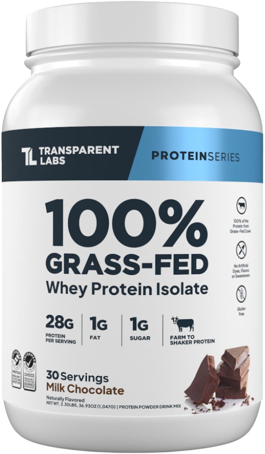 Proteína aislada de Transparent Labs con sabor chocolate con leche, ideal para entrenamientos