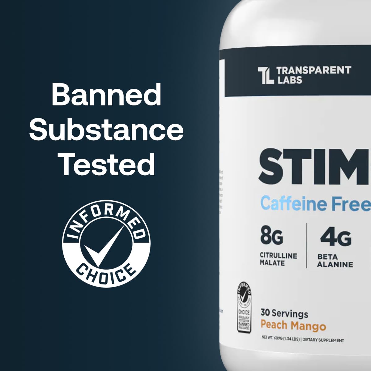 Transparent Labs Stim-Free Pre-entrenamiento: etiqueta transparente con ingredientes y dosis