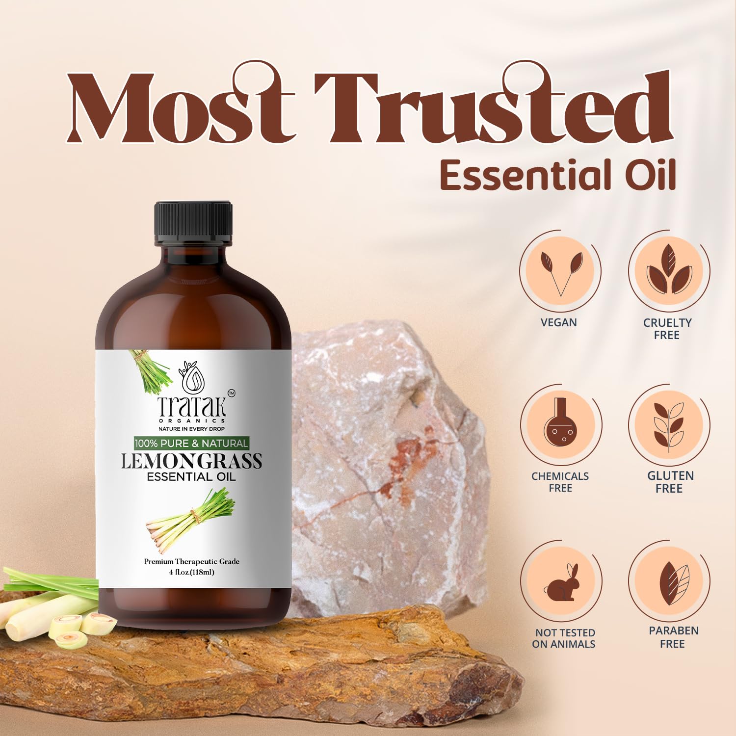 TRATAK ORGANICS Envase oscuro con tapa protectora conserva la pureza del aceite.
