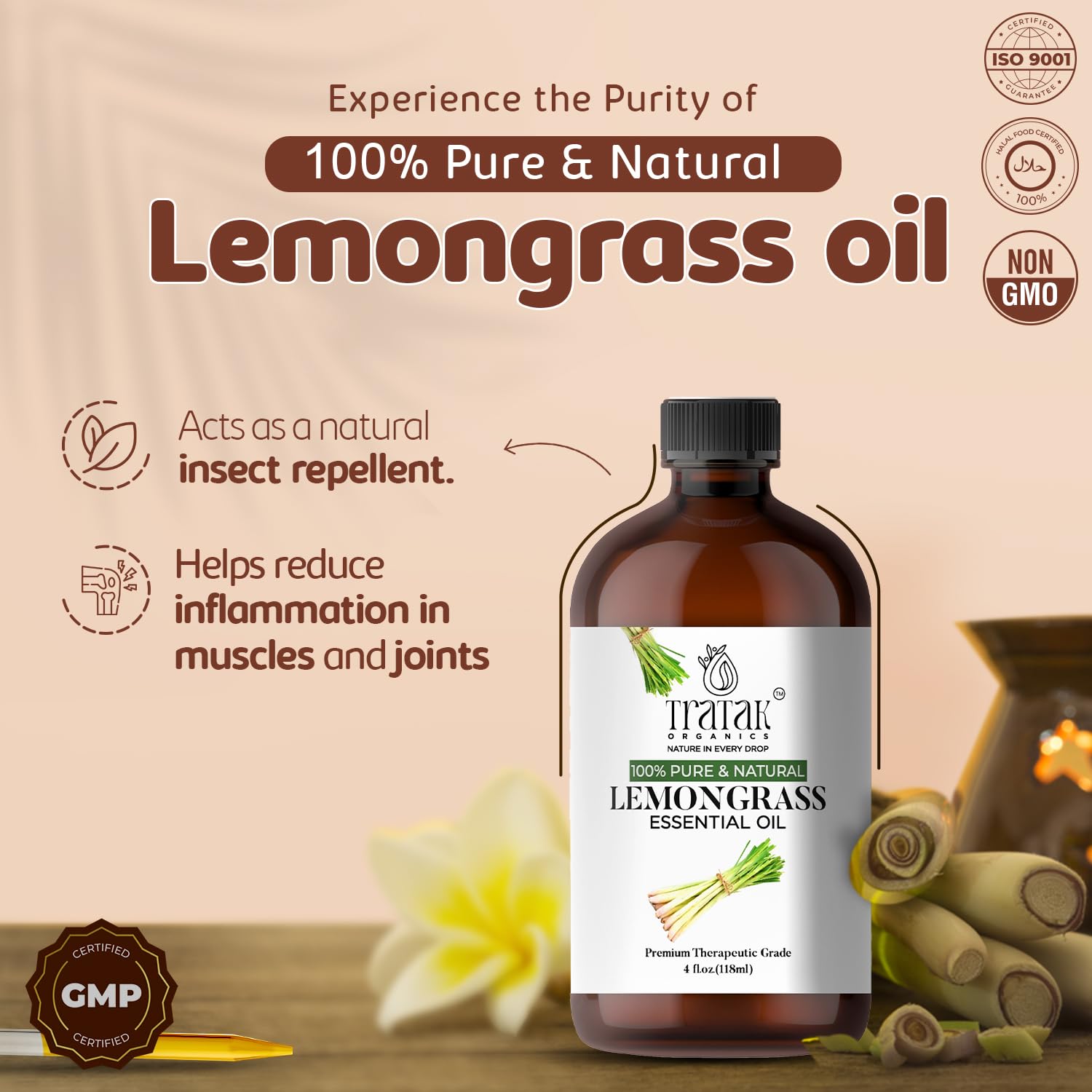 TRATAK ORGANICS Difusor aromático compatible con aceite esencial de hierba limón.