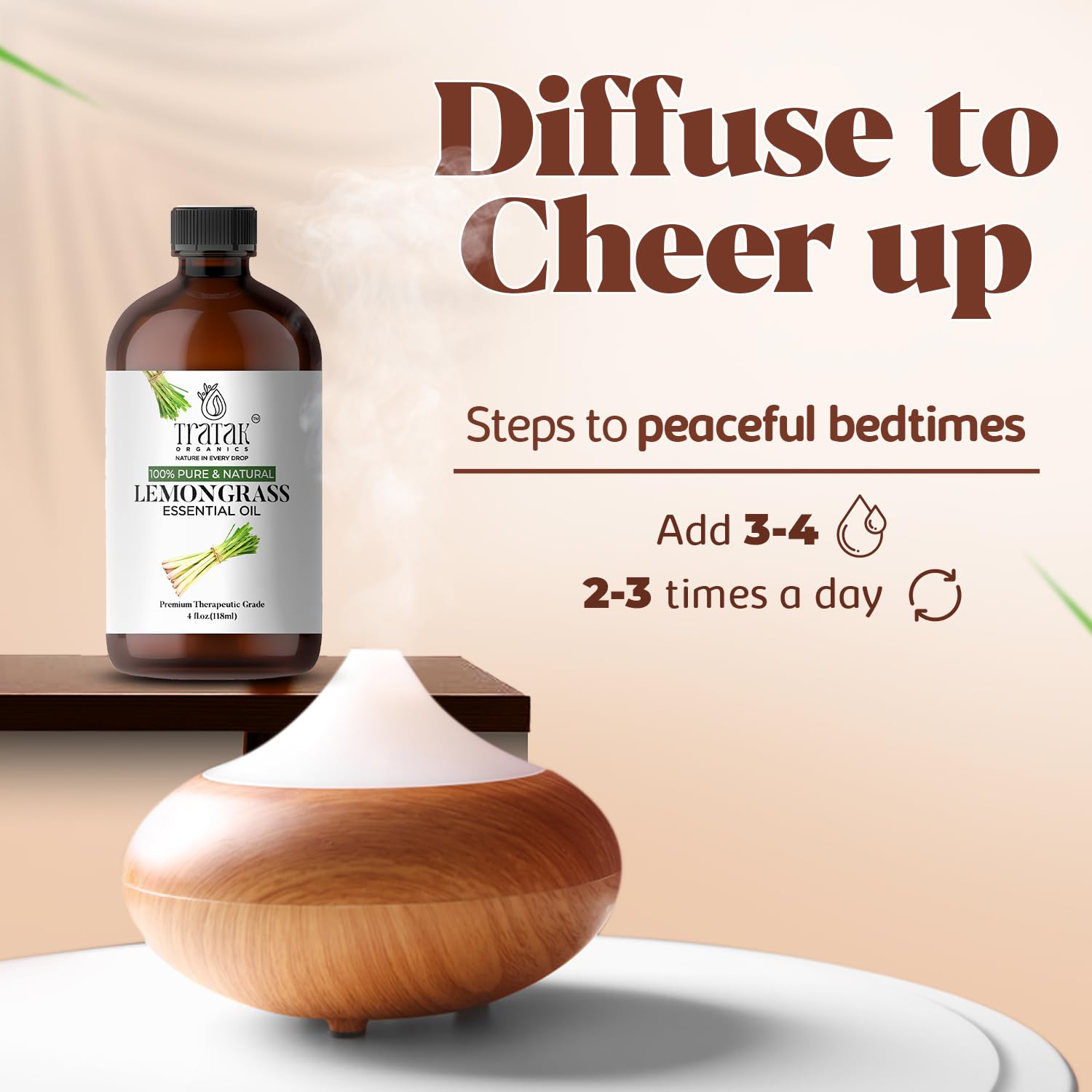 TRATAK ORGANICS Humidificador con aceite esencial para mejorar el ambiente.