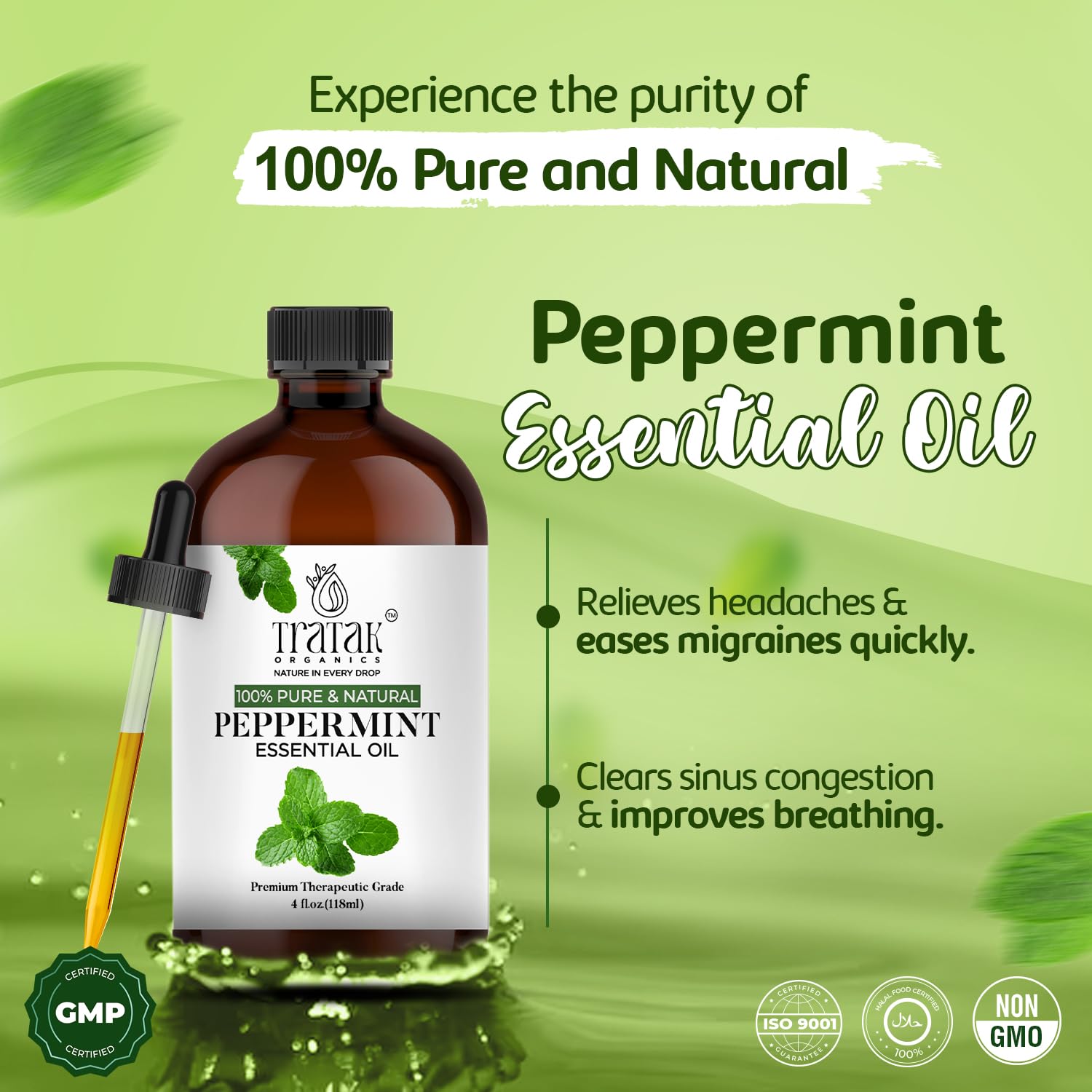 TRATAK ORGANICS Menta Piperita, gotero para control preciso de dosis.