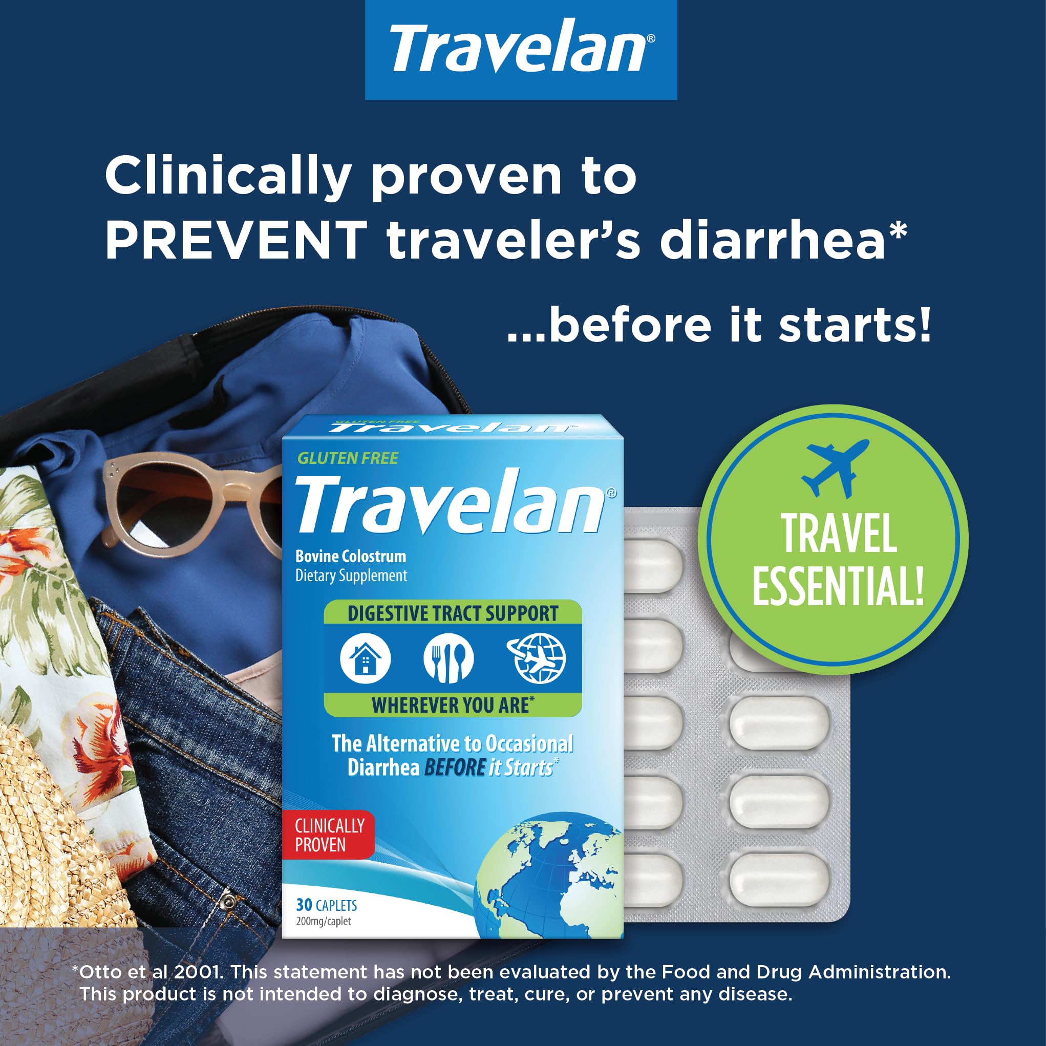 Travelan calostro bovino hiperinmune, comprimido diario para soporte digestivo.