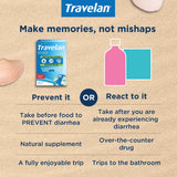 Travelan envase de 60 comprimidos, tamaño familiar para estancias prolongadas.
