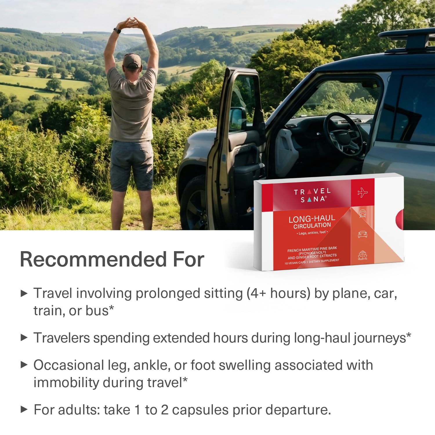 TRAVELSANA Pycnogenol 100 mg: empaque de viaje para uso durante vuelos.