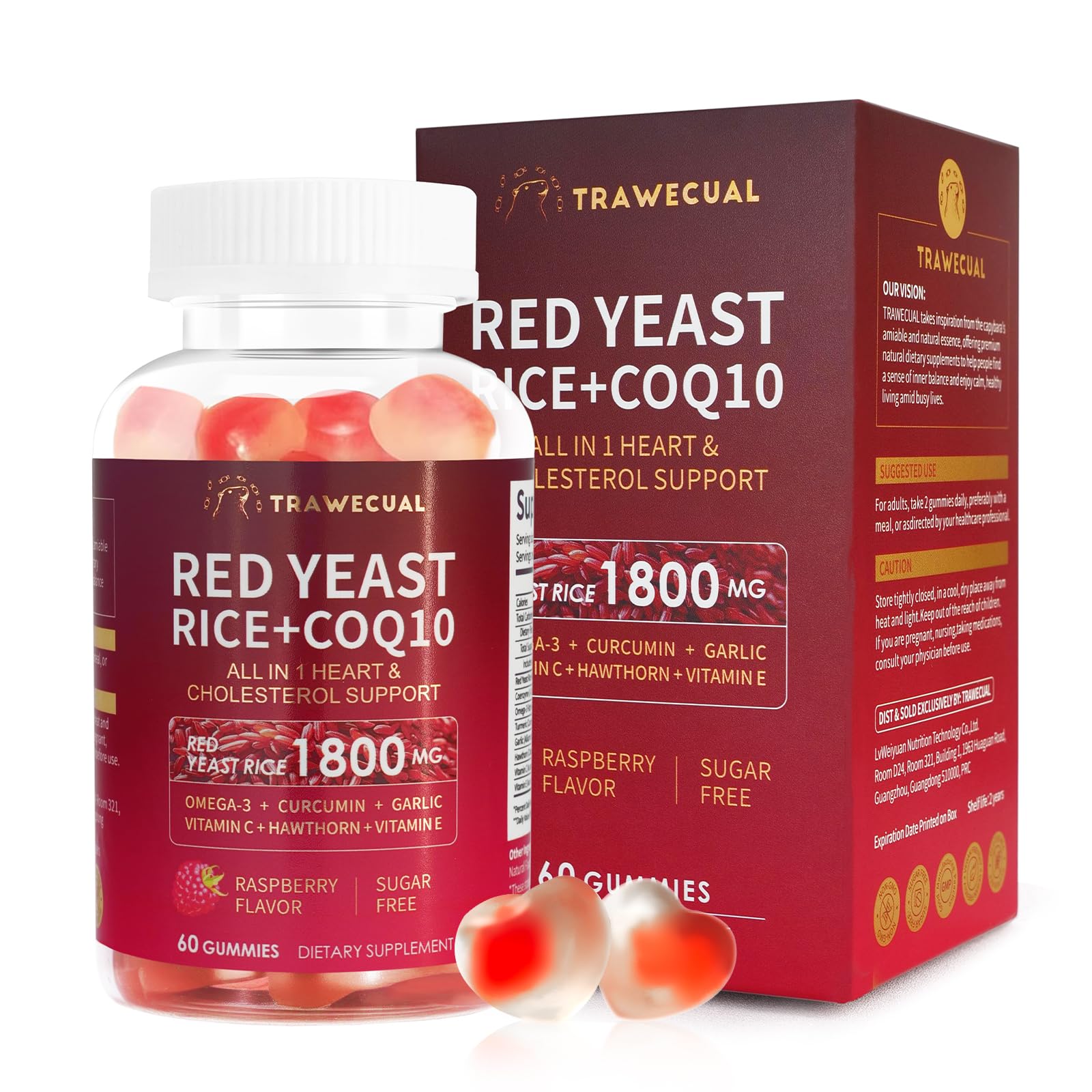 Trawecual arroz de levadura roja con CoQ10, frasco que sugiere apoyo a la energía diaria