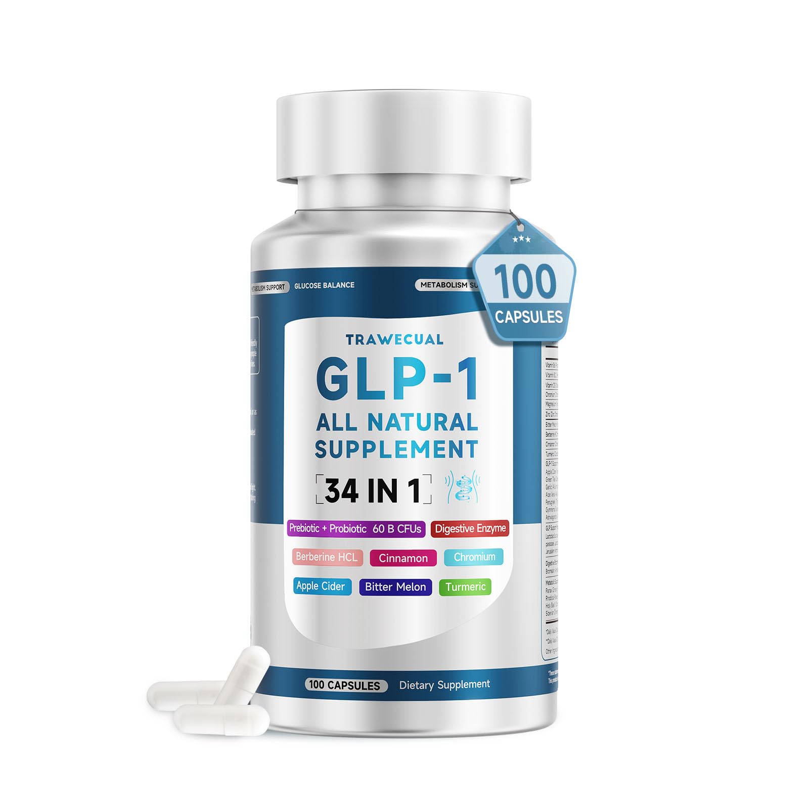 Trawecual GLP-1 34en1 botella frontal para ver la fórmula integral