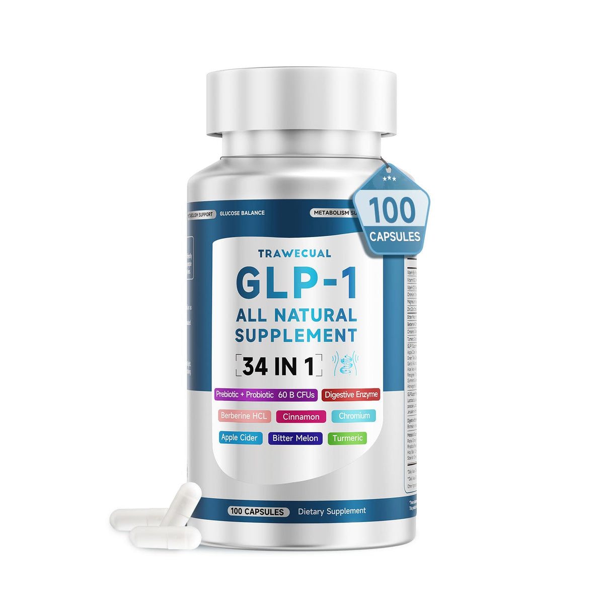 Trawecual GLP-1 34en1 botella frontal para ver la fórmula integral