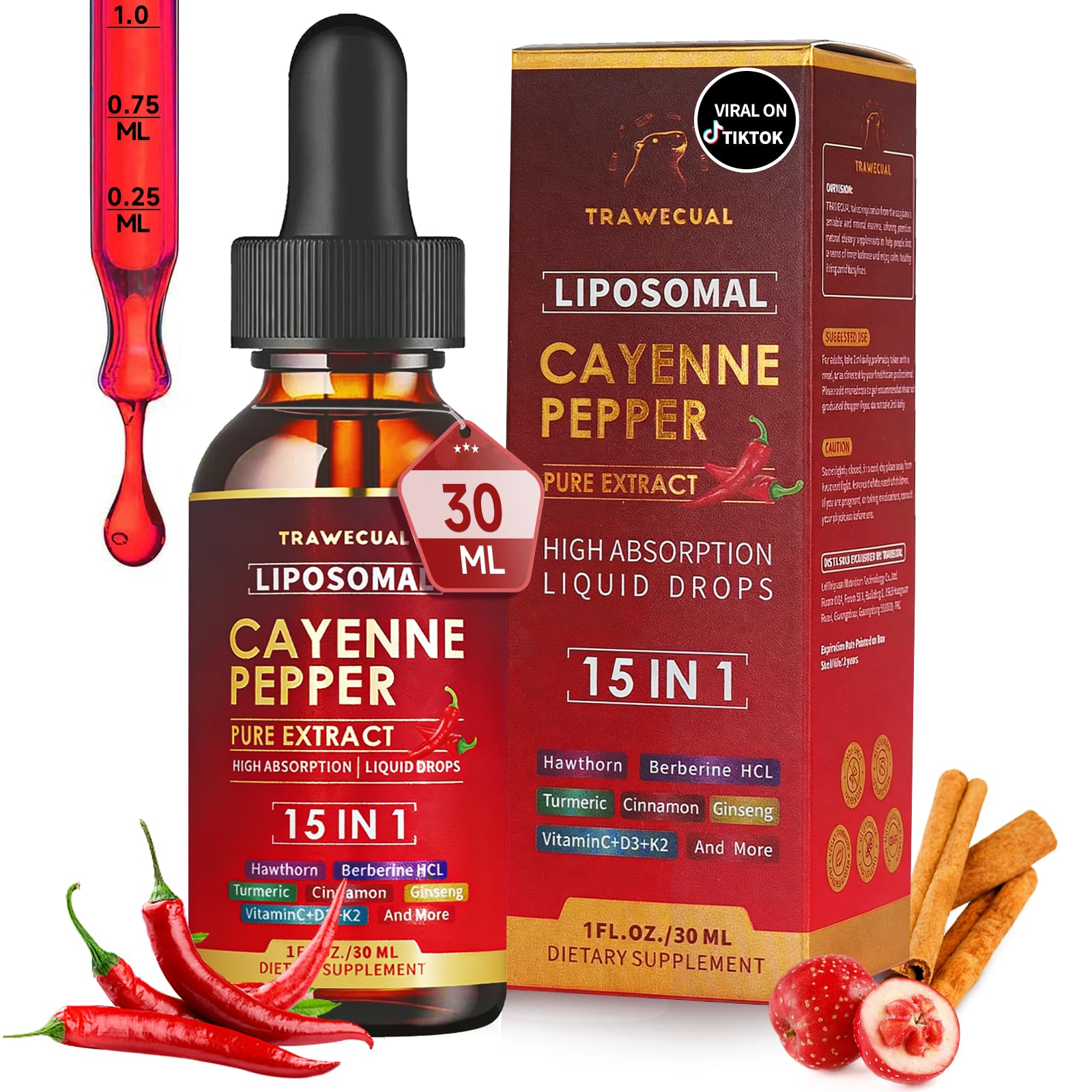 Trawecual gotas liposomales de cayena en botella para energía sostenida y absorción eficiente.