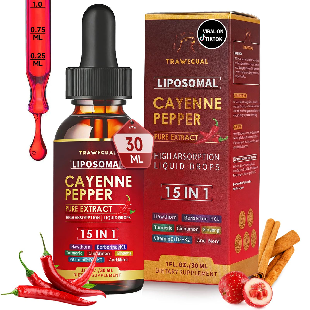 Trawecual gotas liposomales de cayena en botella para energía sostenida y absorción eficiente.