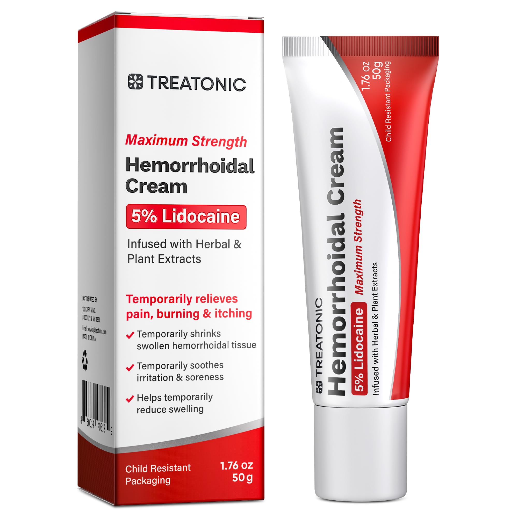 Crema Treatonic para hemorroides en envase; alivio rápido del dolor