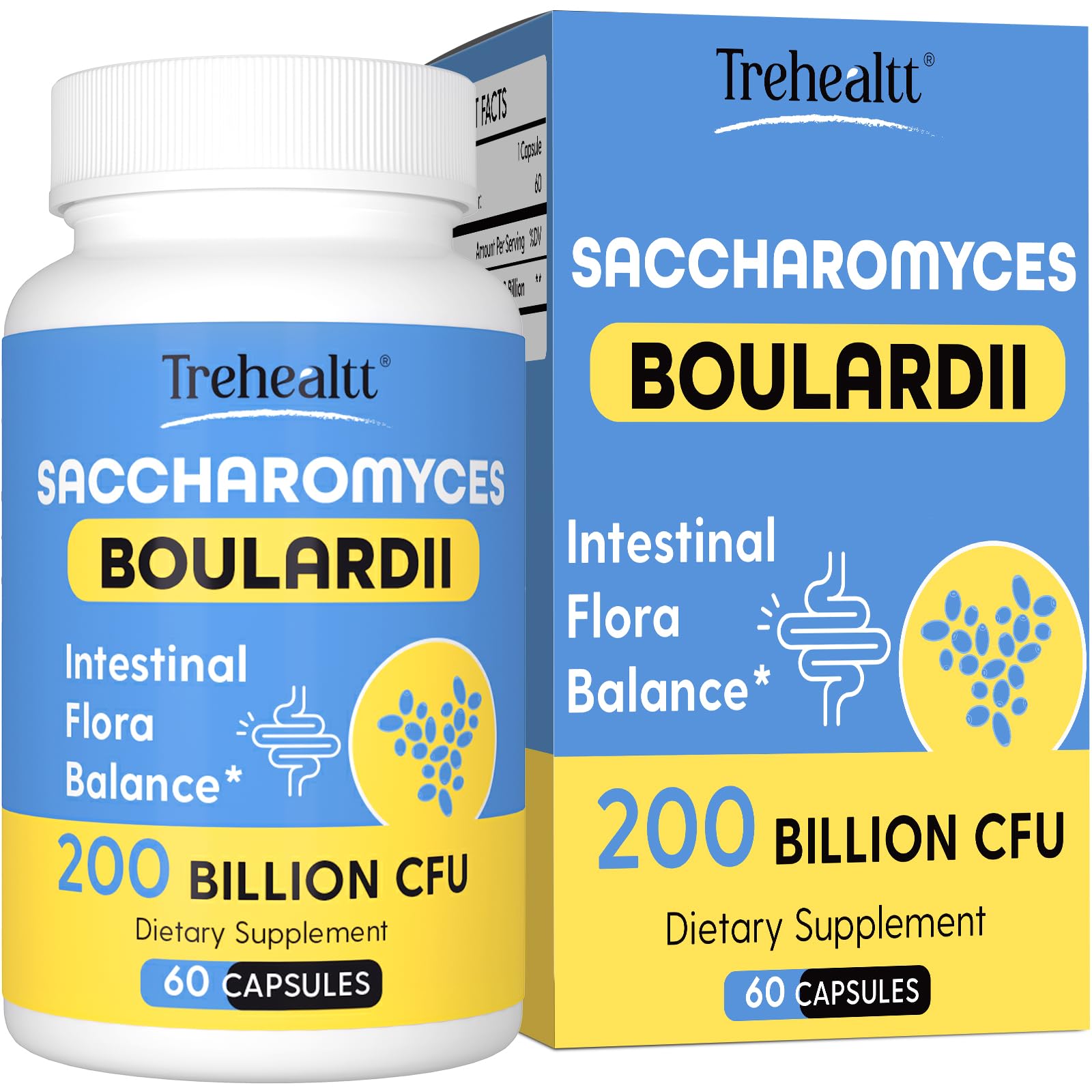 Trehealtt Saccharomyces boulardii: botella de probióticos para equilibrio digestivo diario.