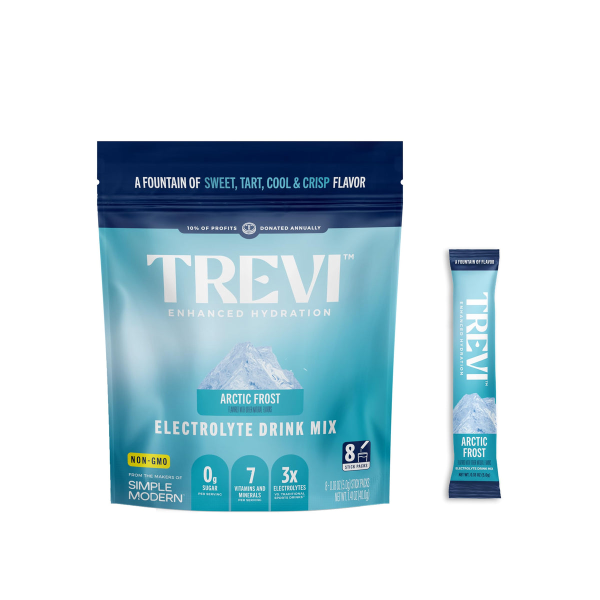 TREVI Electrolitos sin azúcar Arctic Frost en empaque, hidratación diaria sabrosa y ligera.