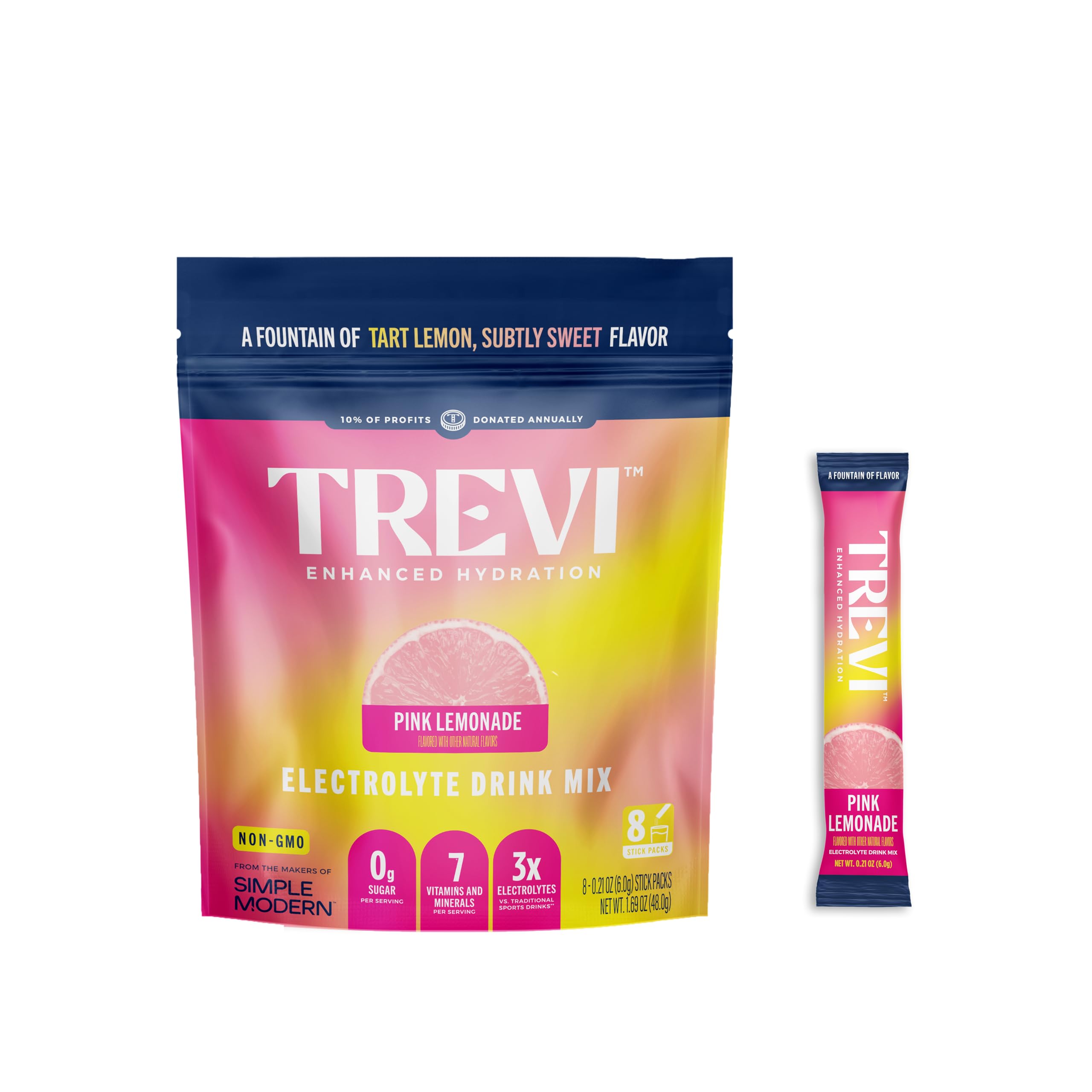 TREVI electrolitos sin azúcar, sobre rosa limón, ideal para hidratación diaria.