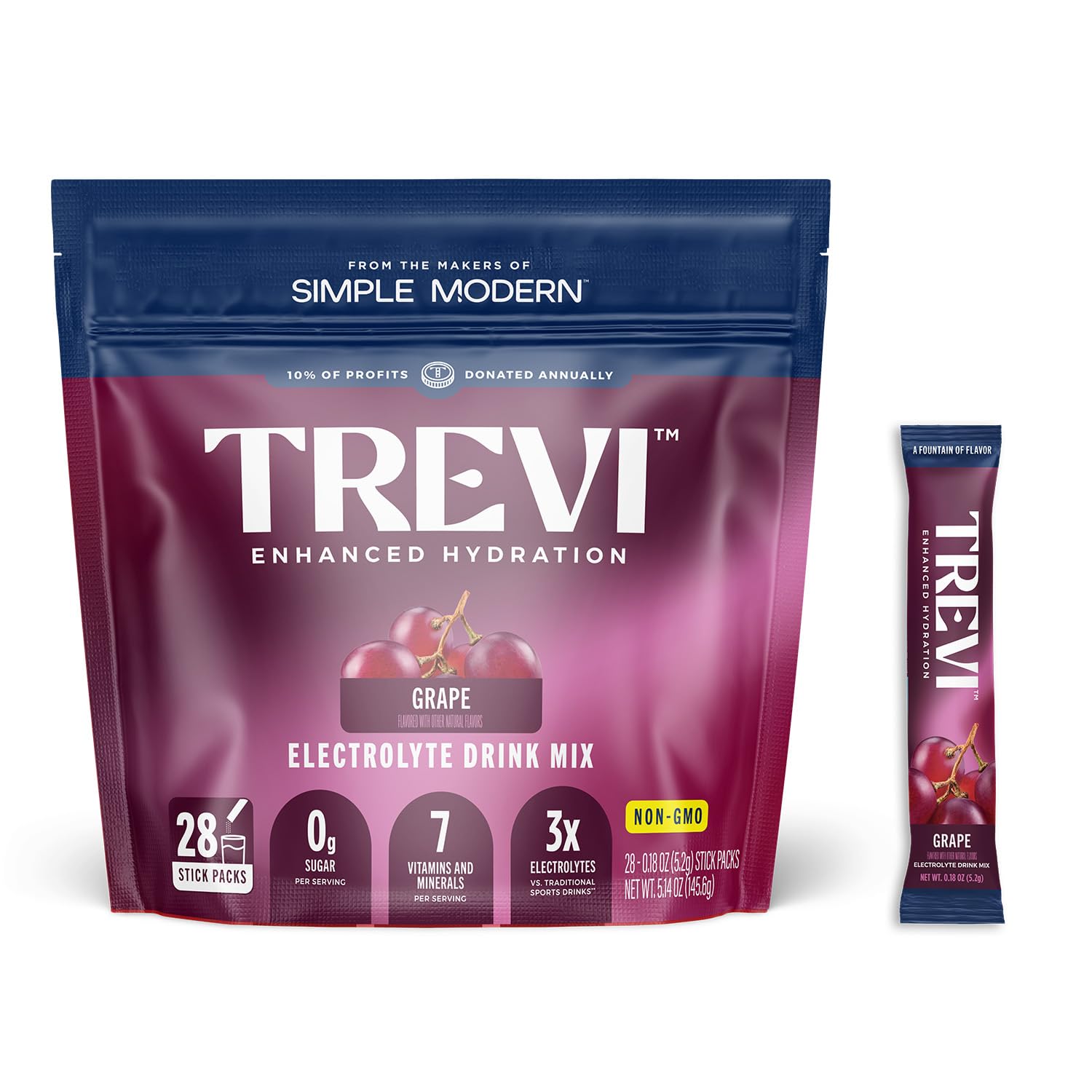 Trevi electrolitos sin azúcar en sobre uva para hidratación rápida.