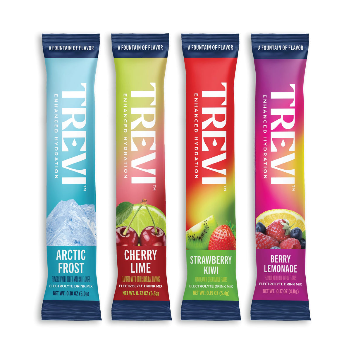 TREVI electrolitos en sobres, variedad para hidratar durante el día.