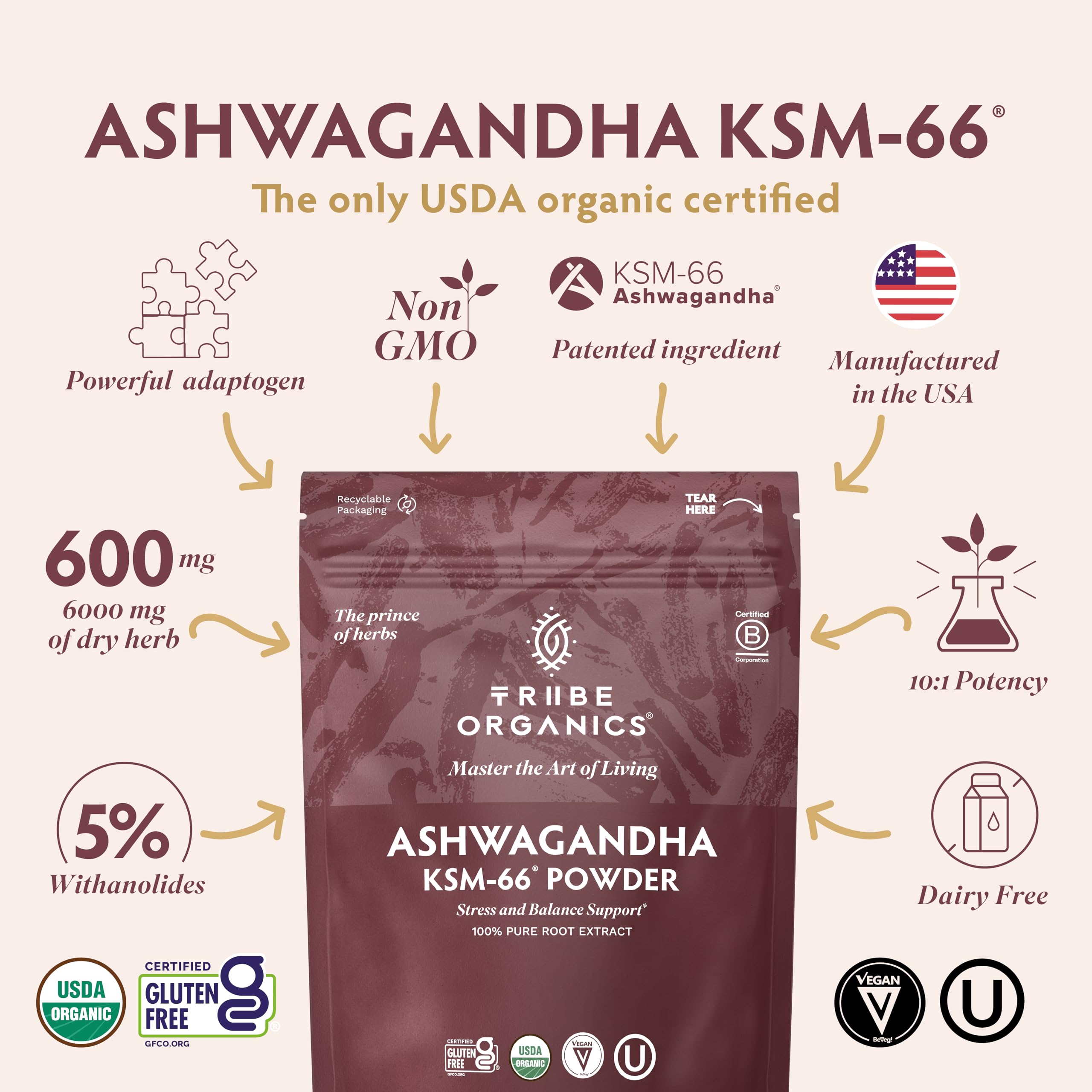 TRIBE ORGANICS Ashwagandha Polvo empaque 100g para mezclar