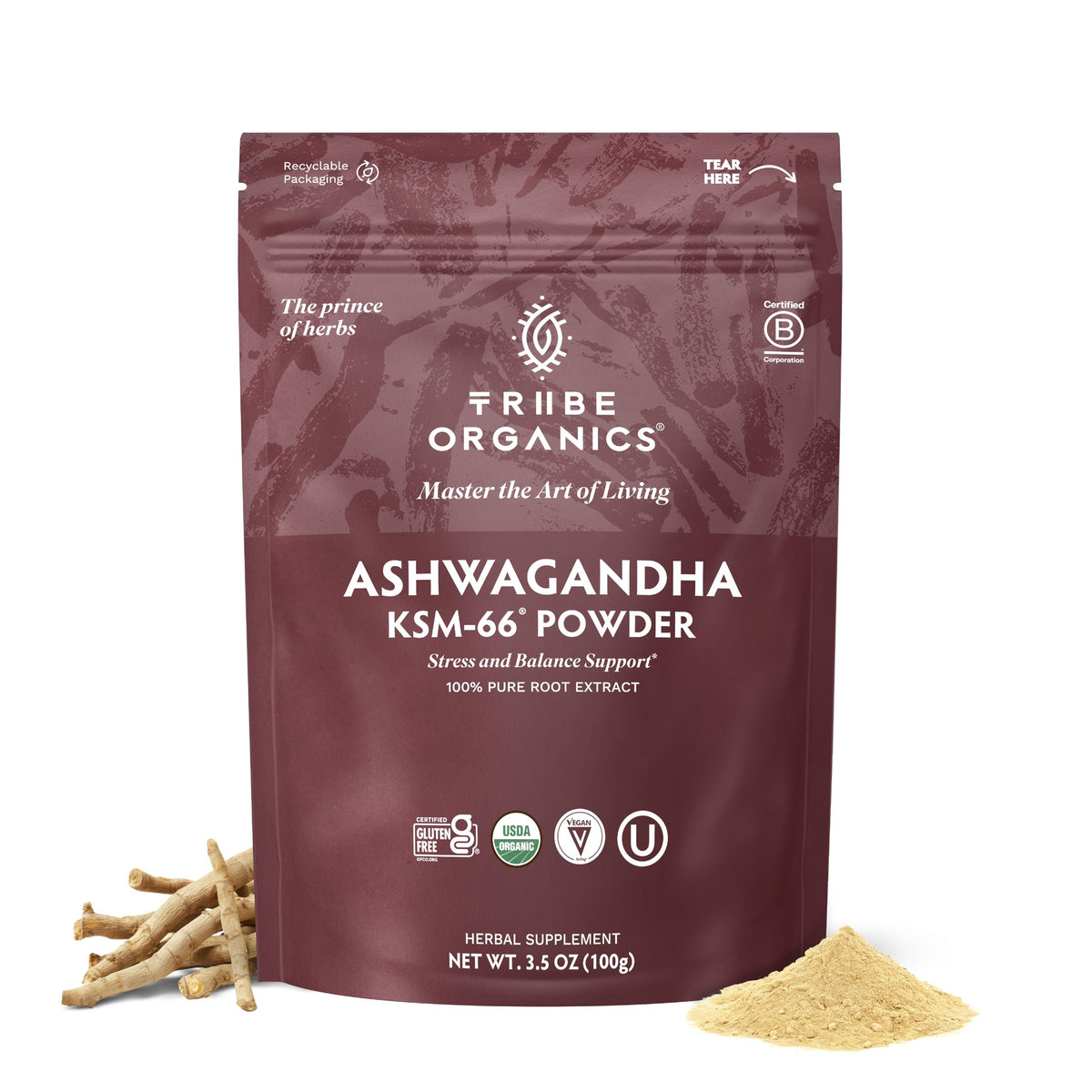 TRIBE ORGANICS KSM-66 Ashwagandha Polvo 100g para apoyo diario