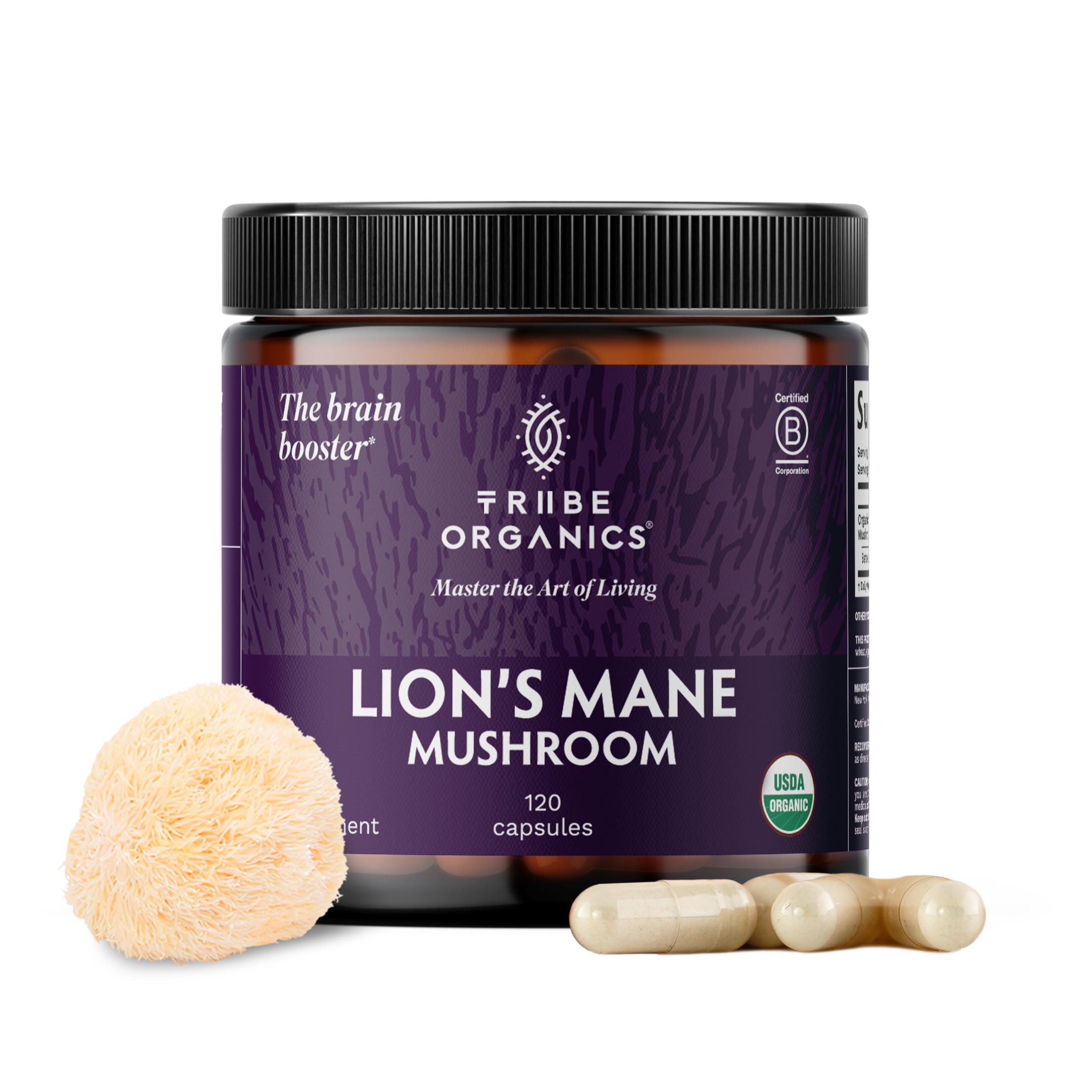 TRIBE ORGANICS Melena de León en bote, cápsulas veganas para concentración diaria.
