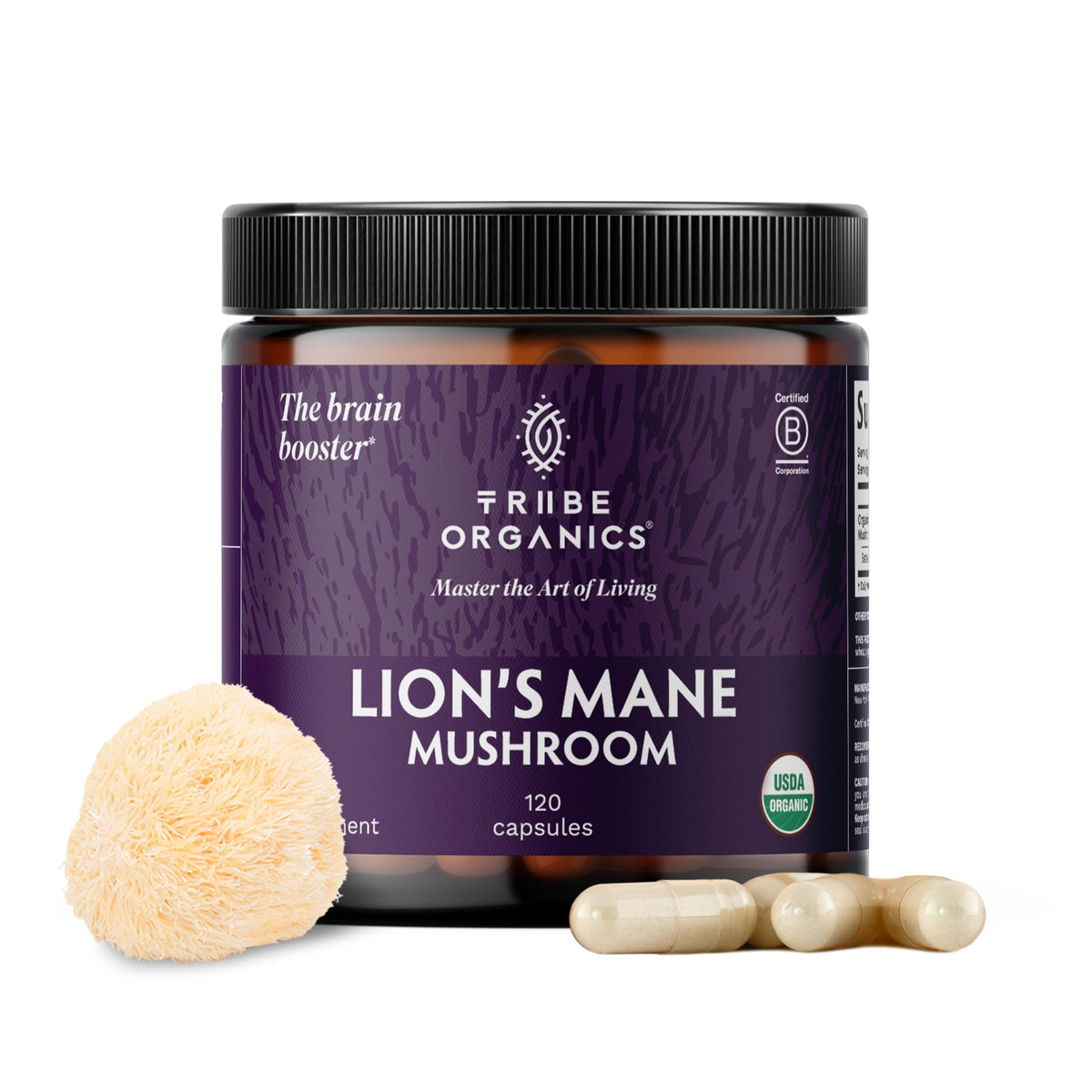 TRIBE ORGANICS Melena de León en bote, cápsulas veganas para concentración diaria.