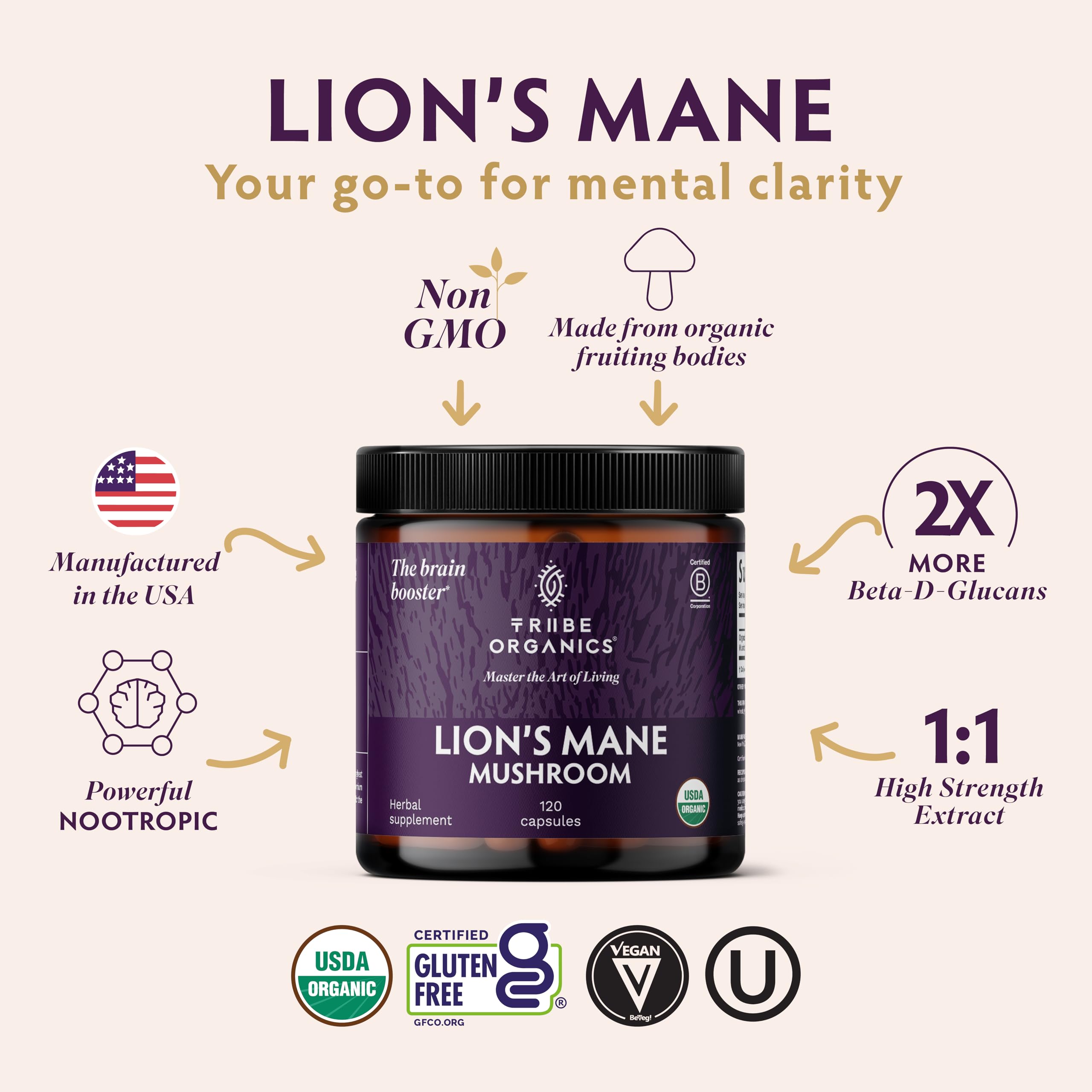 TRIBE ORGANICS Melena de León, cápsulas vegetales para energía natural.
