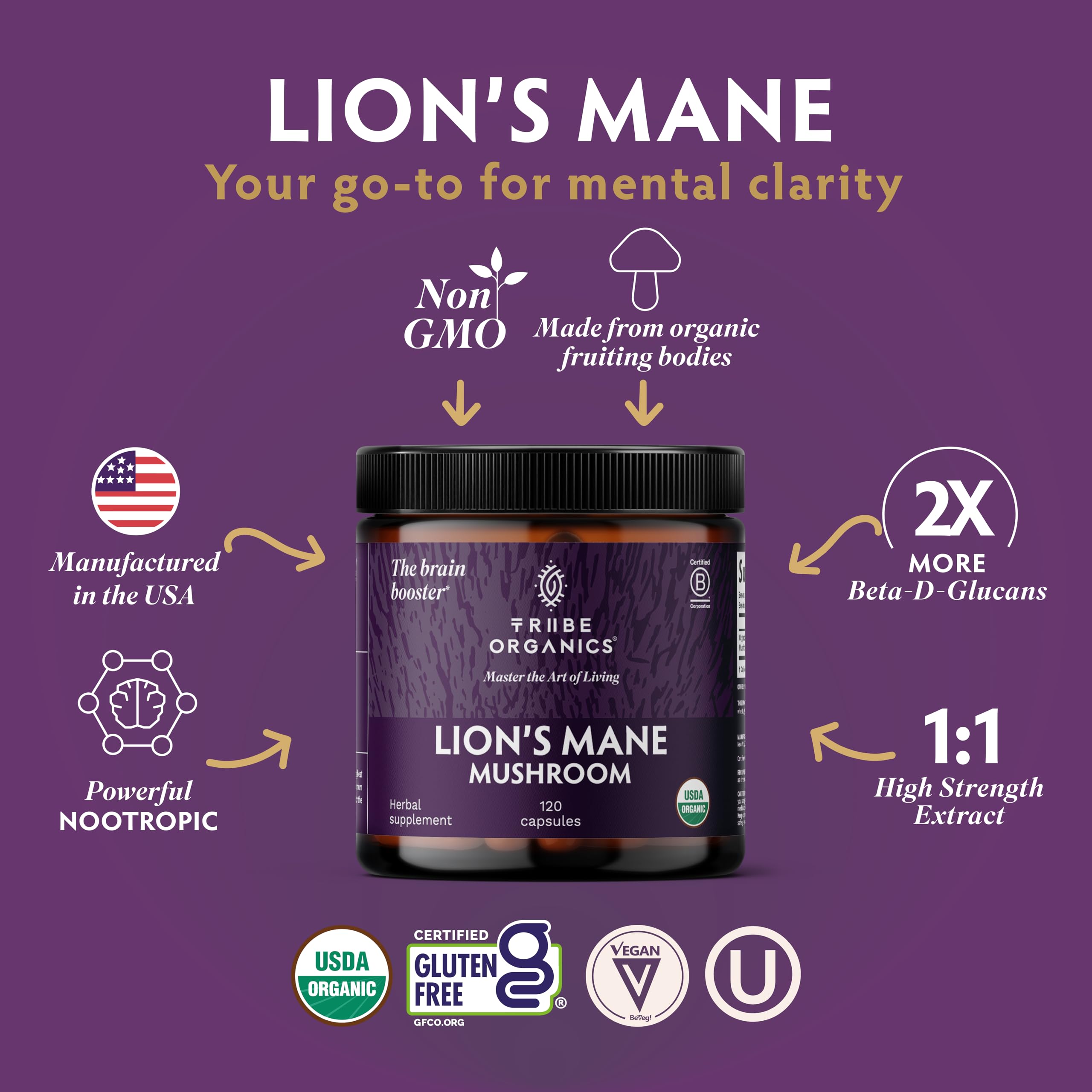 TRIBE ORGANICS Melena de León, etiqueta que destaca extracto 1000 mg.