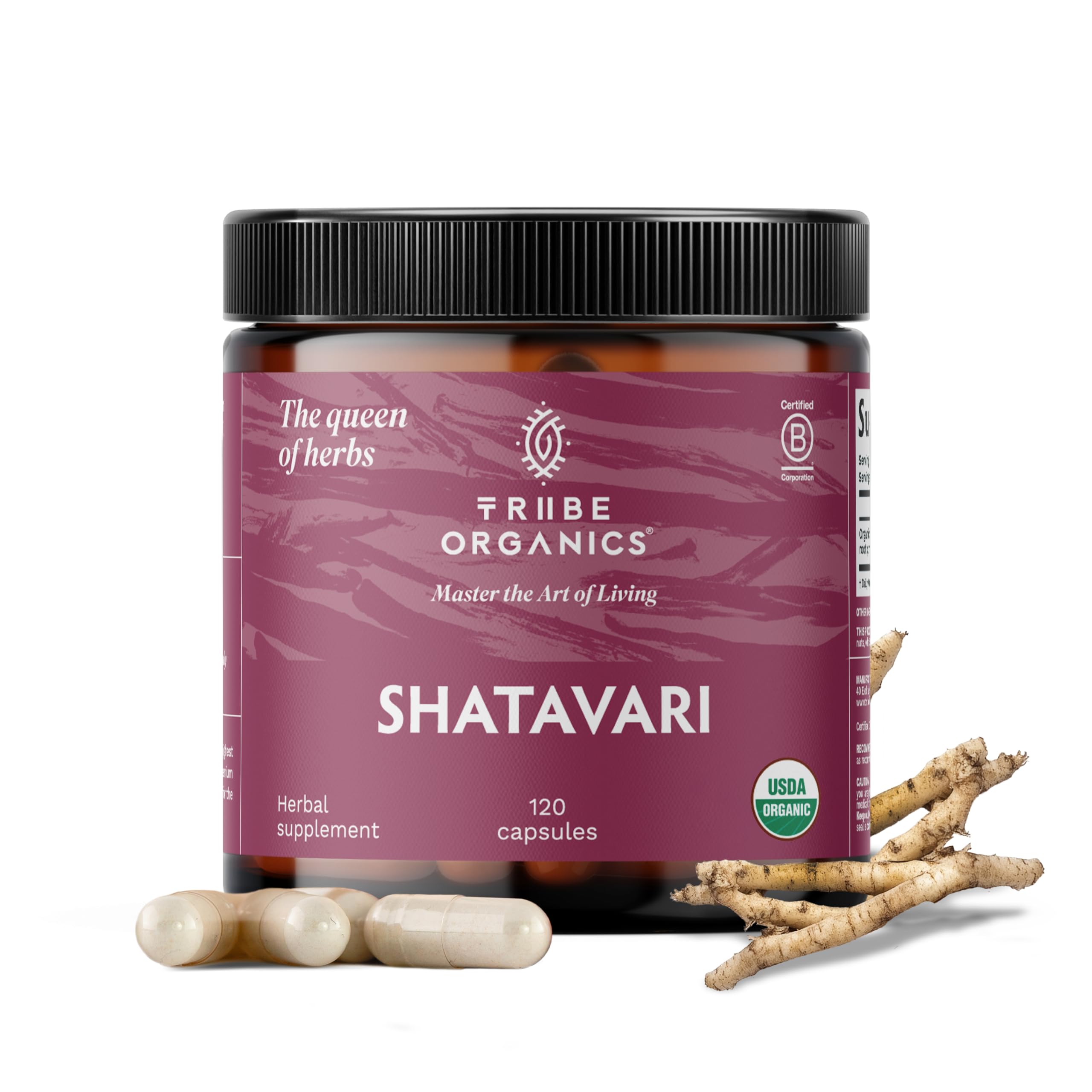 TRIBE ORGANICS Shatavari cápsulas 120, apoyo hormonal suave para mujeres.