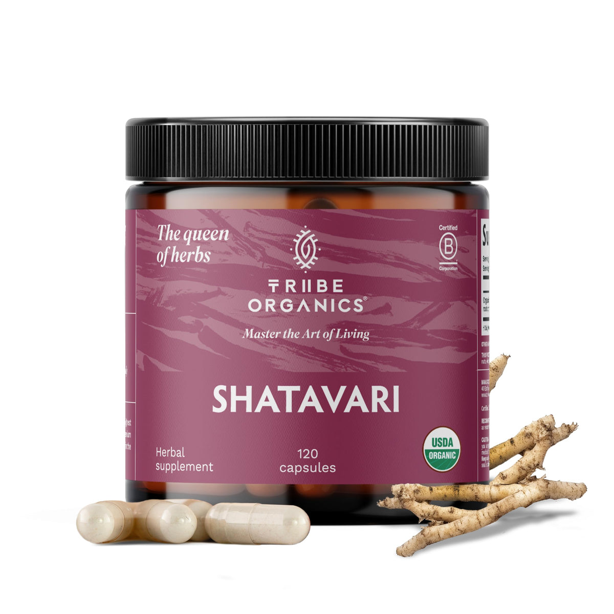 TRIBE ORGANICS Shatavari cápsulas 120, apoyo hormonal suave para mujeres.