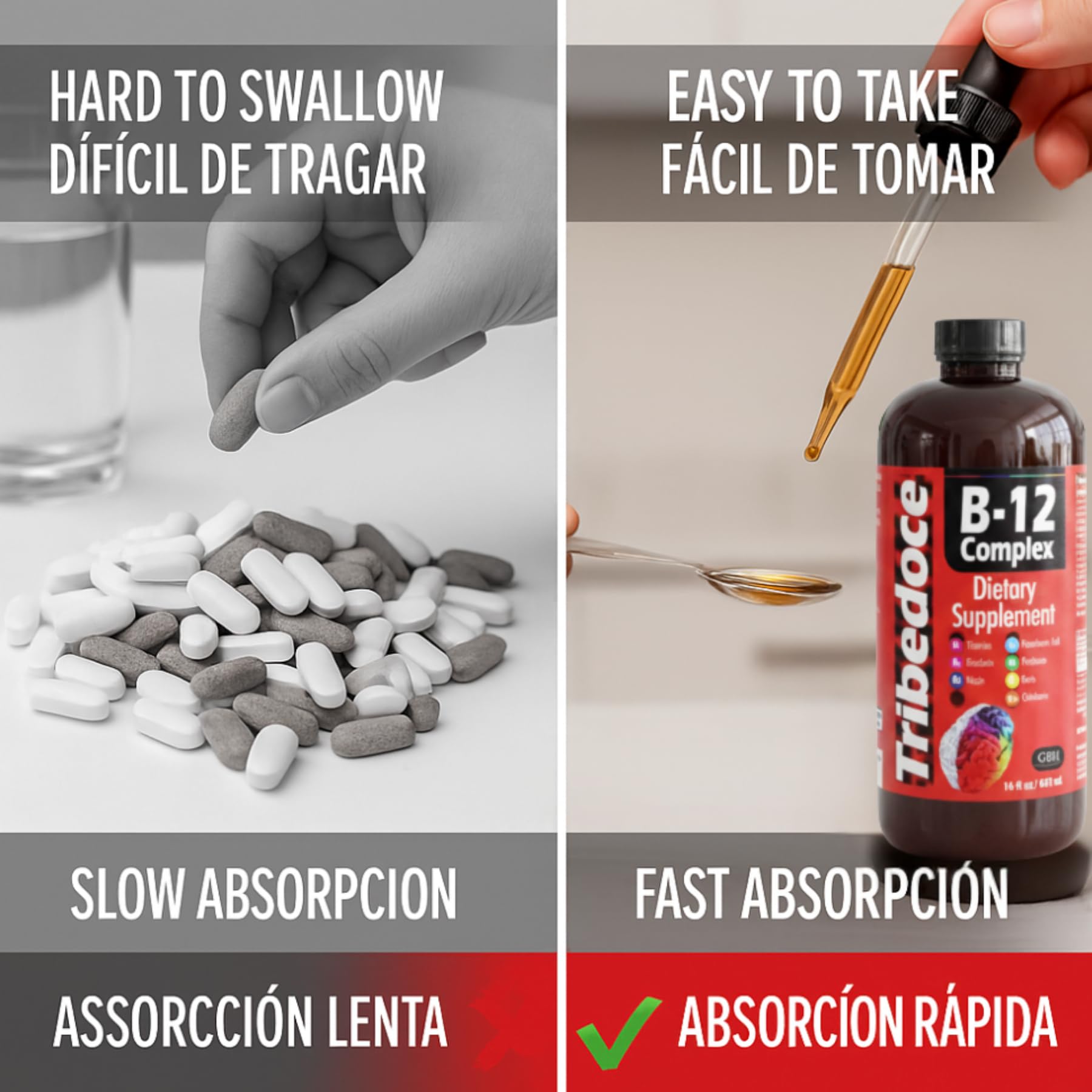 Toma diaria de Tribedoce B-12, fácil de mezclar con agua.