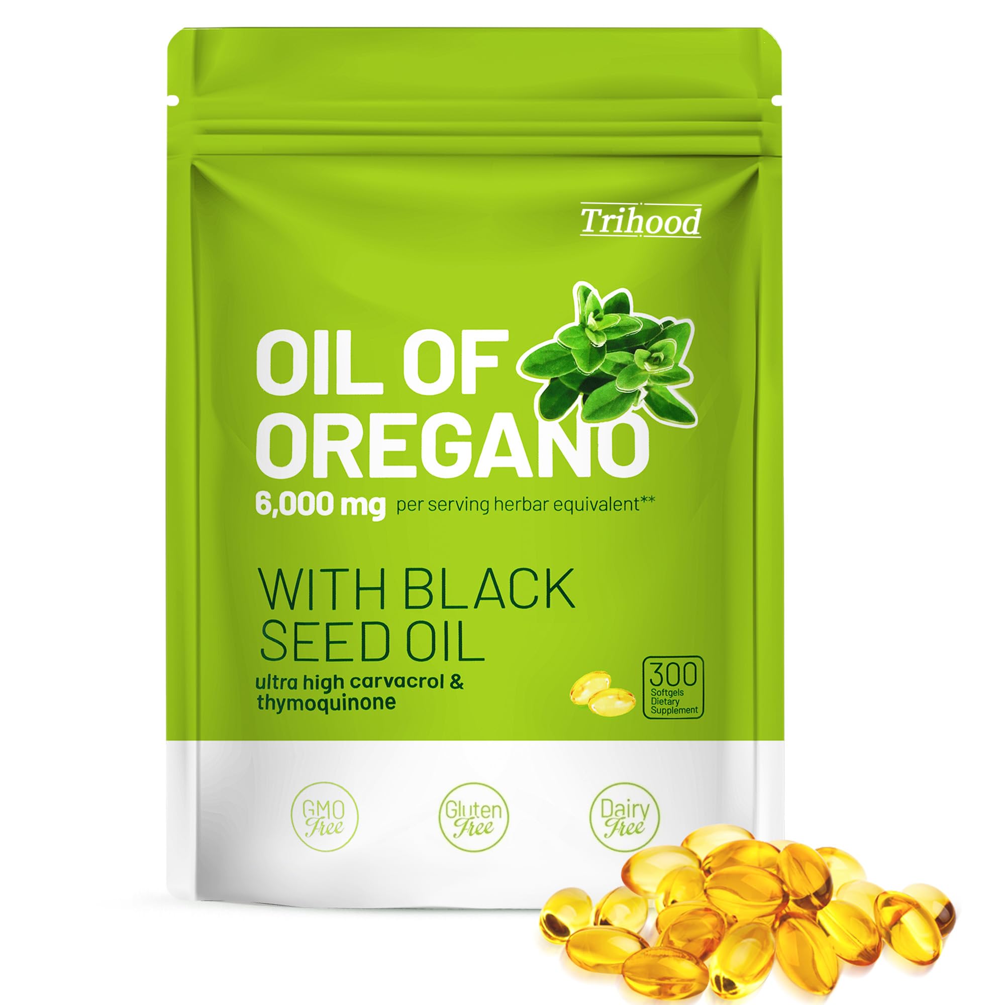 Cápsulas Trihood de Aceite de Orégano y Semilla Negra en primer plano, apoyo al sistema inmune.