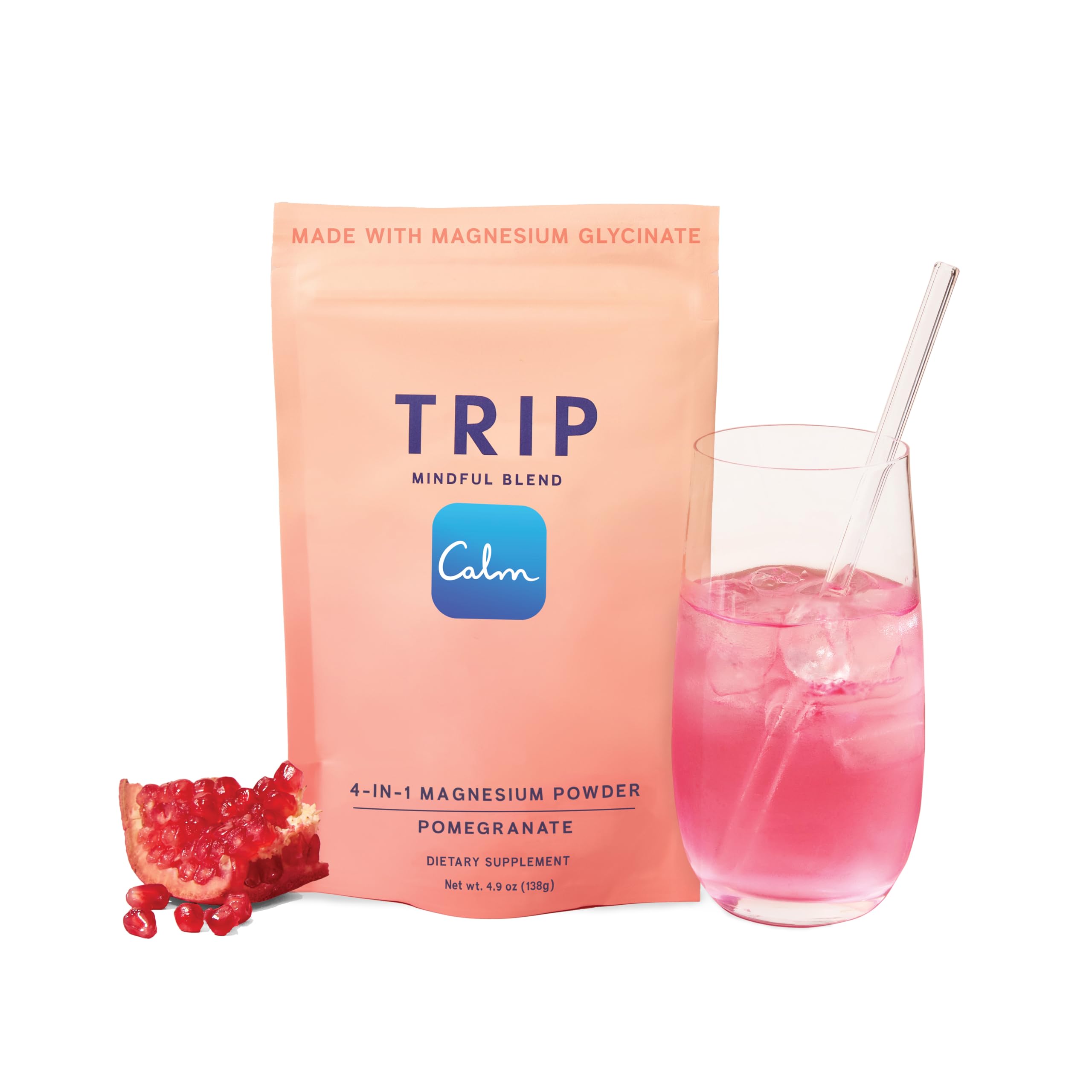 TRIP Magnesio glicinato polvo sabor granada-naranjo, perfecto para una bebida refrescante.
