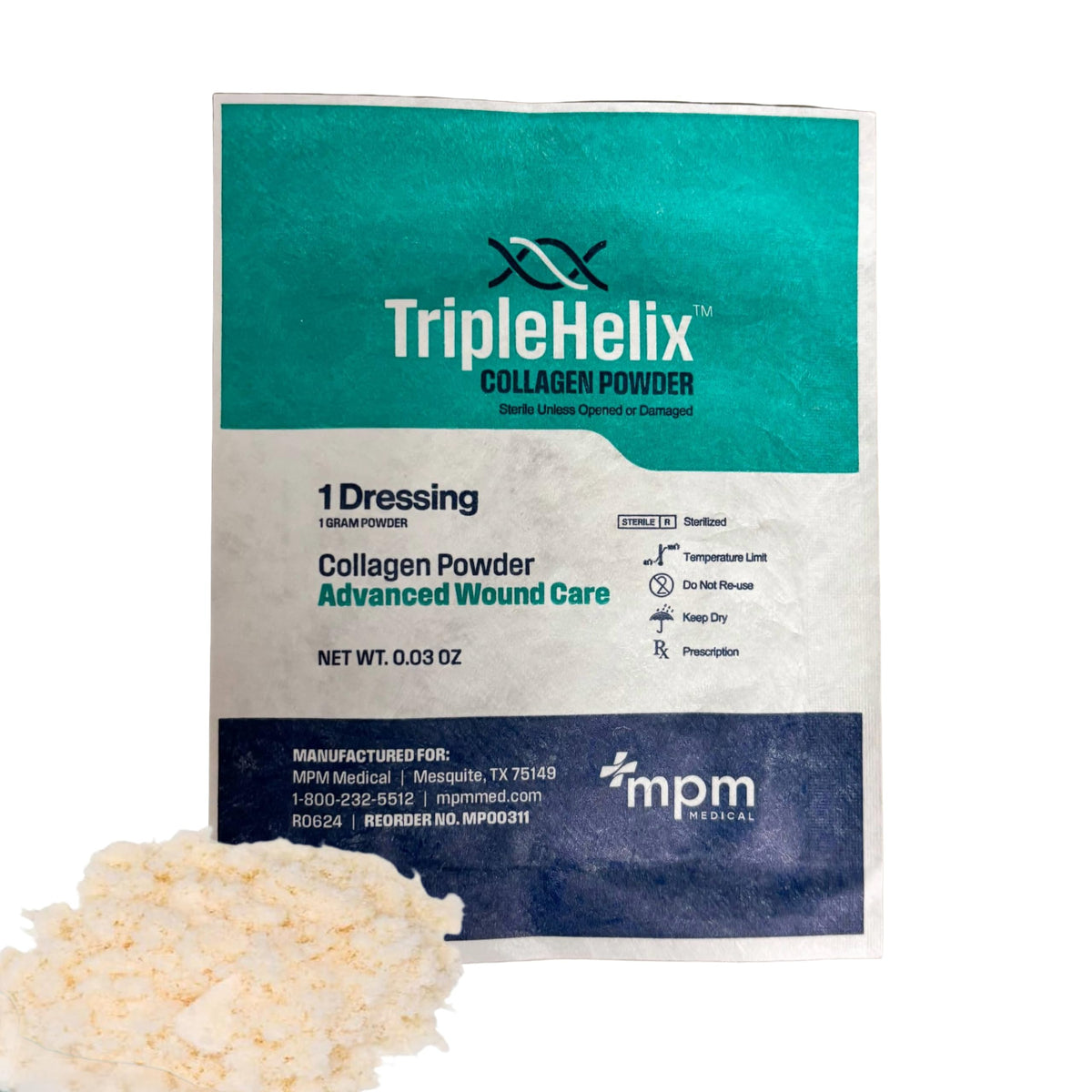 Triple Helix Colágeno en polvo, bolsa 1 g, estéril para uso clínico de heridas