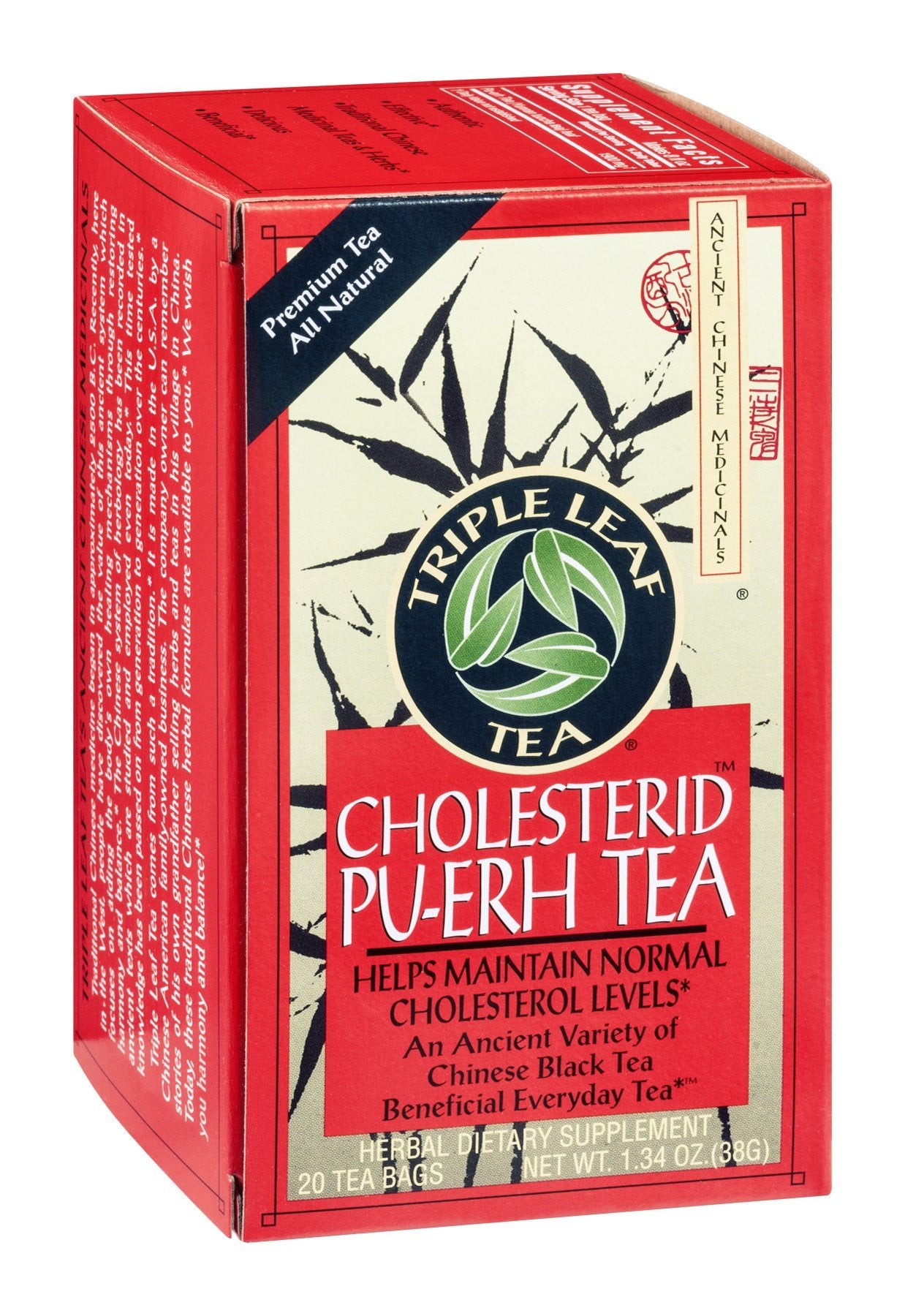Triple Leaf Tea colesterol, empaque elegante para un momento de relajación.