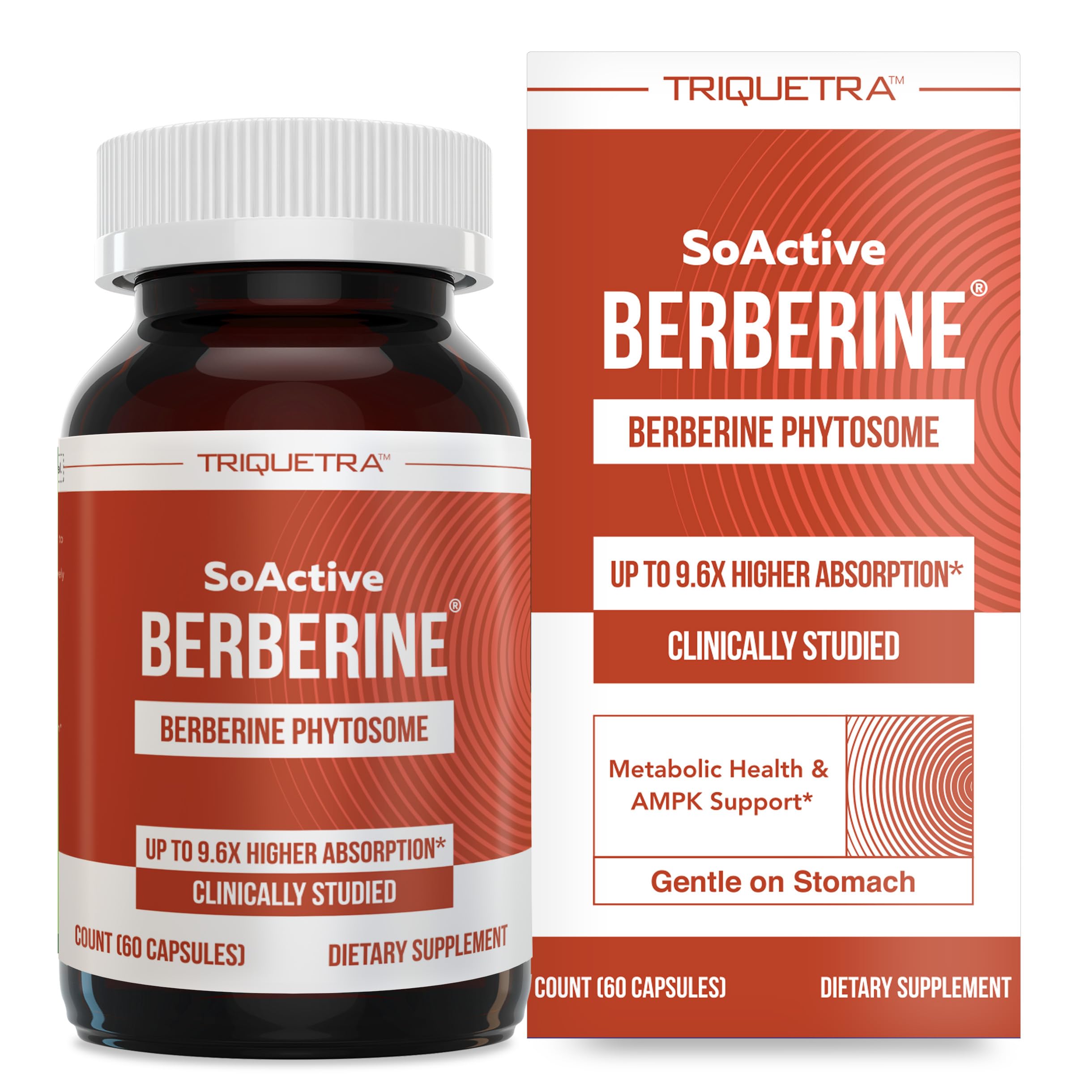 Triquetra Health SoActive Berberine 550 mg en botella, mejor absorción destacada.