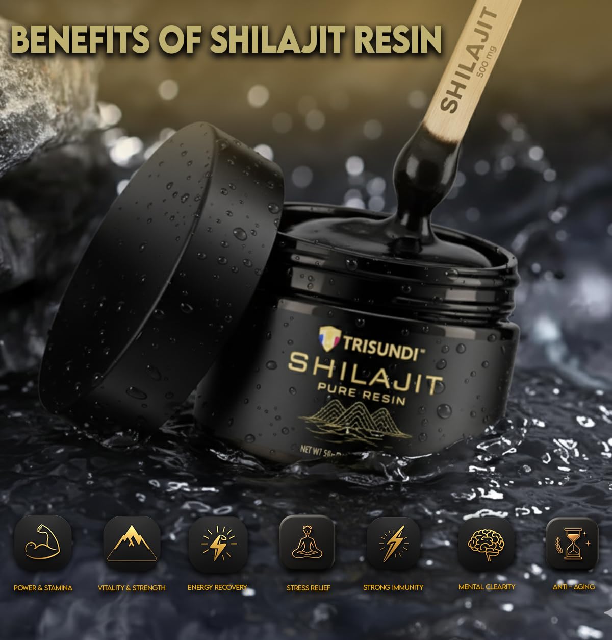 Disolución de Trisundi Shilajit Himalaya para energía rápida en agua tibia.
