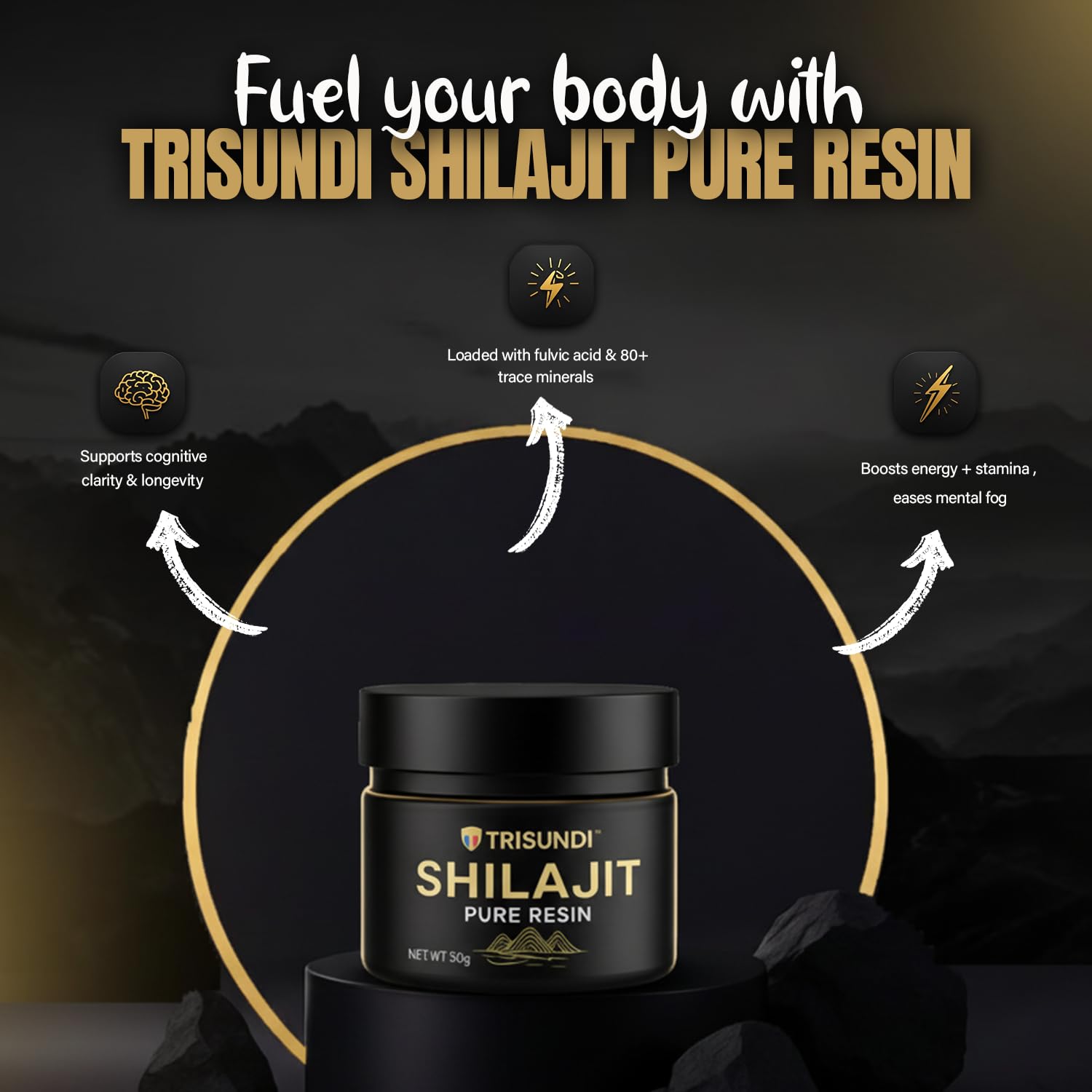 Mezcla de Shilajit Trisundi Himalaya en leche caliente para vitalidad suave.
