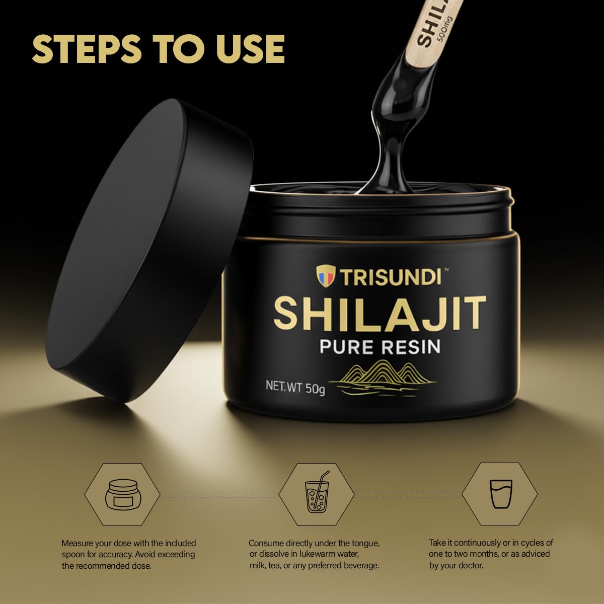 Textura densa de resina Shilajit Trisundi para uso diario.